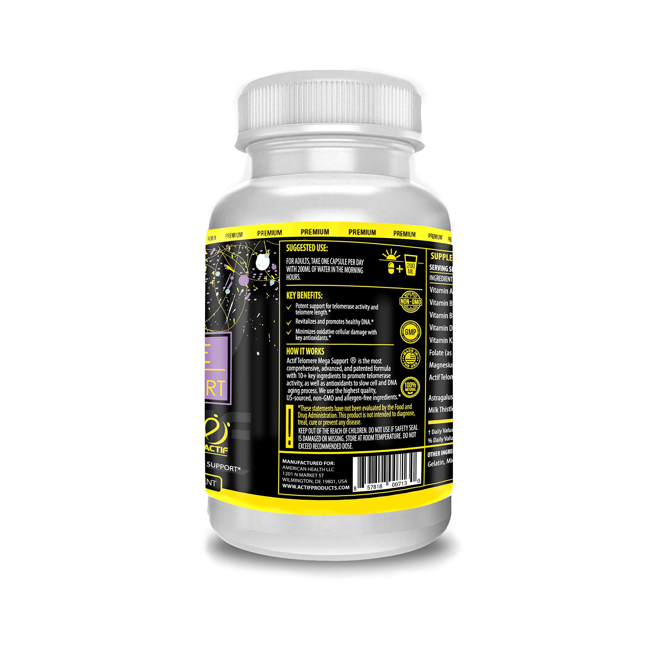 ACTIF Telomere Mega Support with 10+ Factors, Non-GMO, Telomerase and DNA Supplement for Energy, Memory and Anti-Aging, Made in USA, 60 Count ACTIFAu supplements