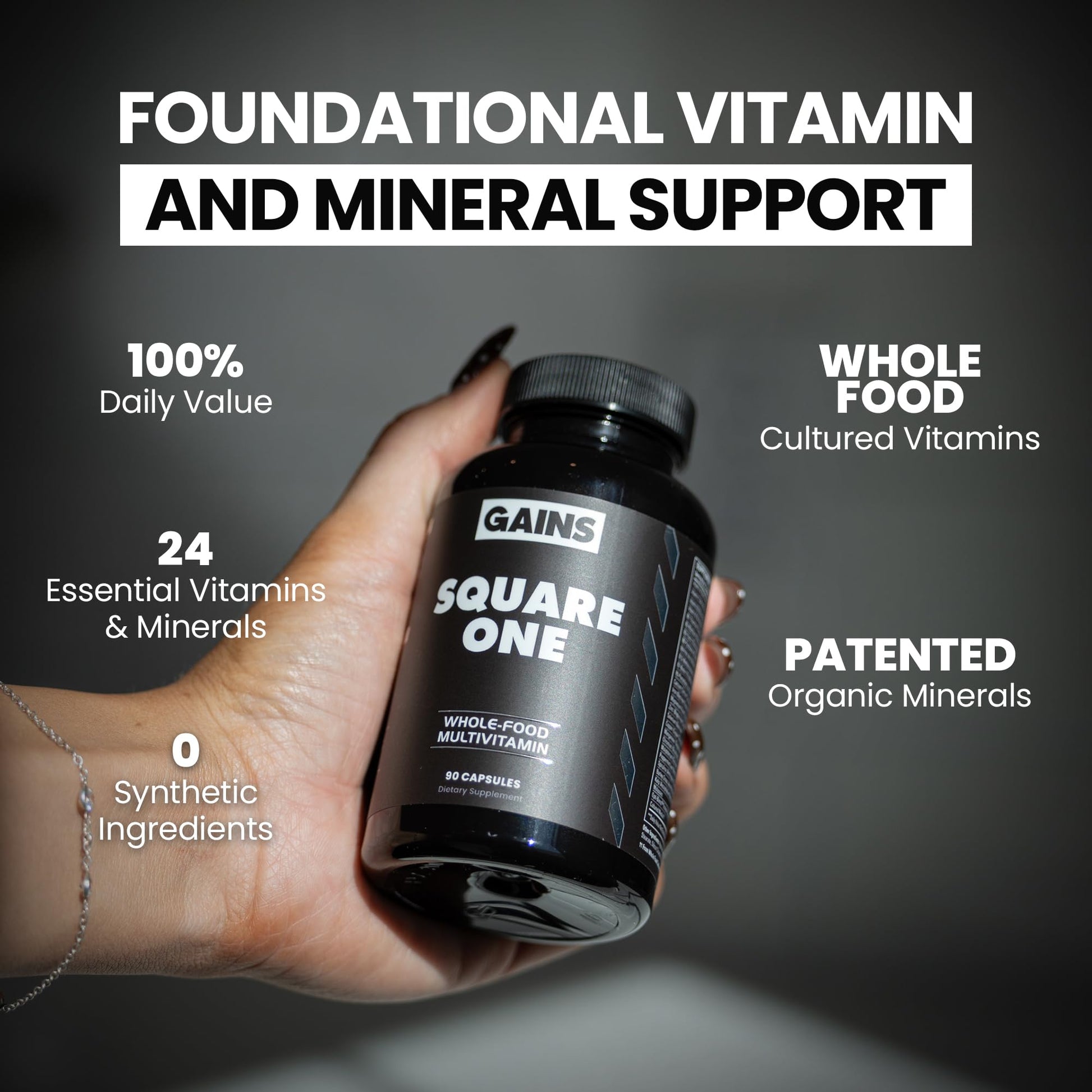 Gains in Bulk Square 1 Multivitamin and Mineral Supplement for Women and Men, Vitamins, Digestive Enzymes and Organic Minerals for Muscle Health, Performance and Immune Support, 90 Capsules GAINS IN BULK GAINSINBULK.COMAu supplements