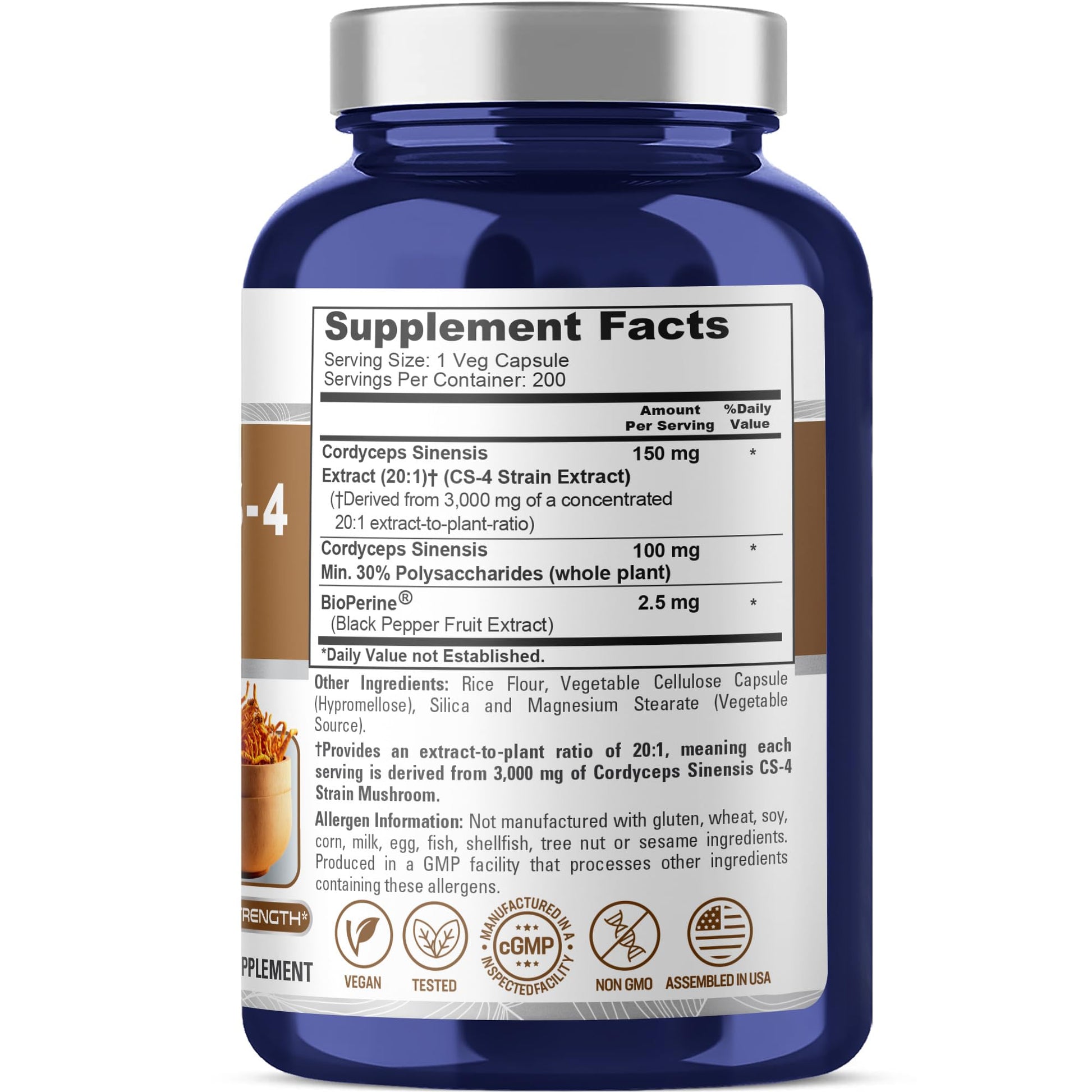 NusaPure Cordyceps 20:1 Extract, 150 mg Equivalent to 3,000mg 200 Veggie Capsules (Sinensis CS-4, Non-GMO, Vegan) Bioperine NusaPureAu supplements
