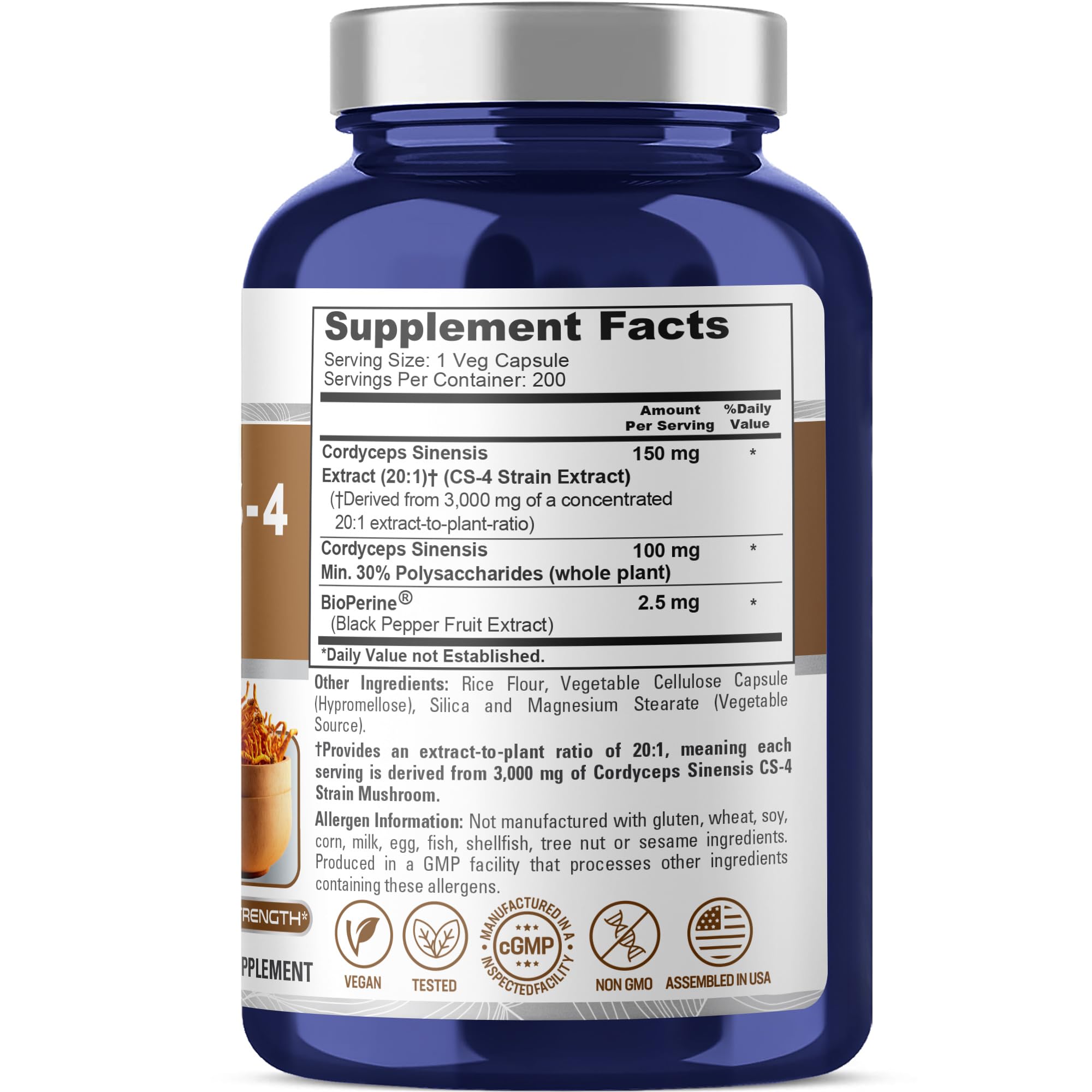 NusaPure Cordyceps 20:1 Extract, 150 mg Equivalent to 3,000mg 200 Veggie Capsules (Sinensis CS-4, Non-GMO, Vegan) Bioperine NusaPureAu supplements