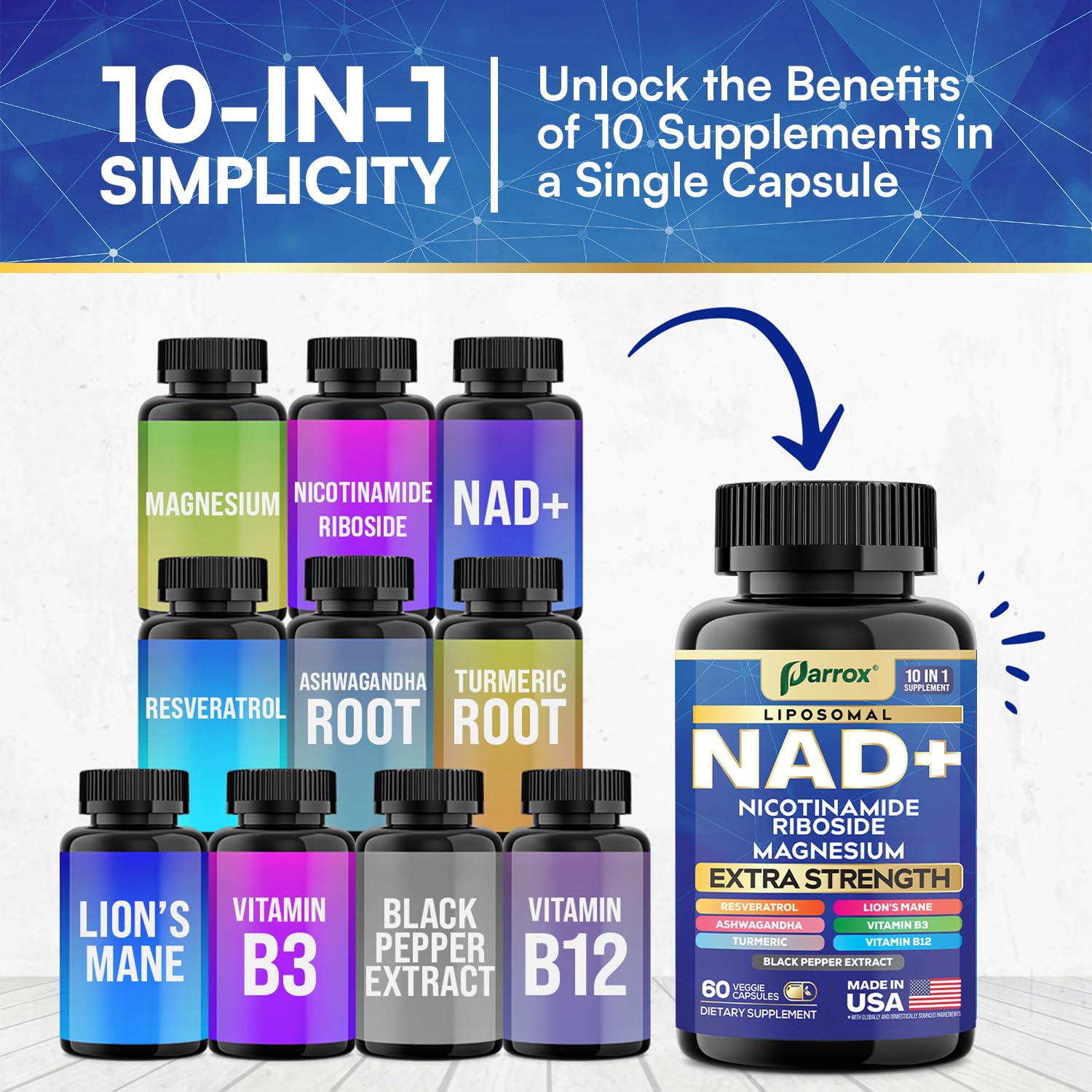Parrox NAD+ Supplement with Liposomal NAD+, Nicotinamide Riboside, Magnesium, Vitamin B3 & B12, Resveratrol, Turmeric, Ashwagandha, Lion’s Mane,10-in-1 Extra Strength ParroxAu supplements