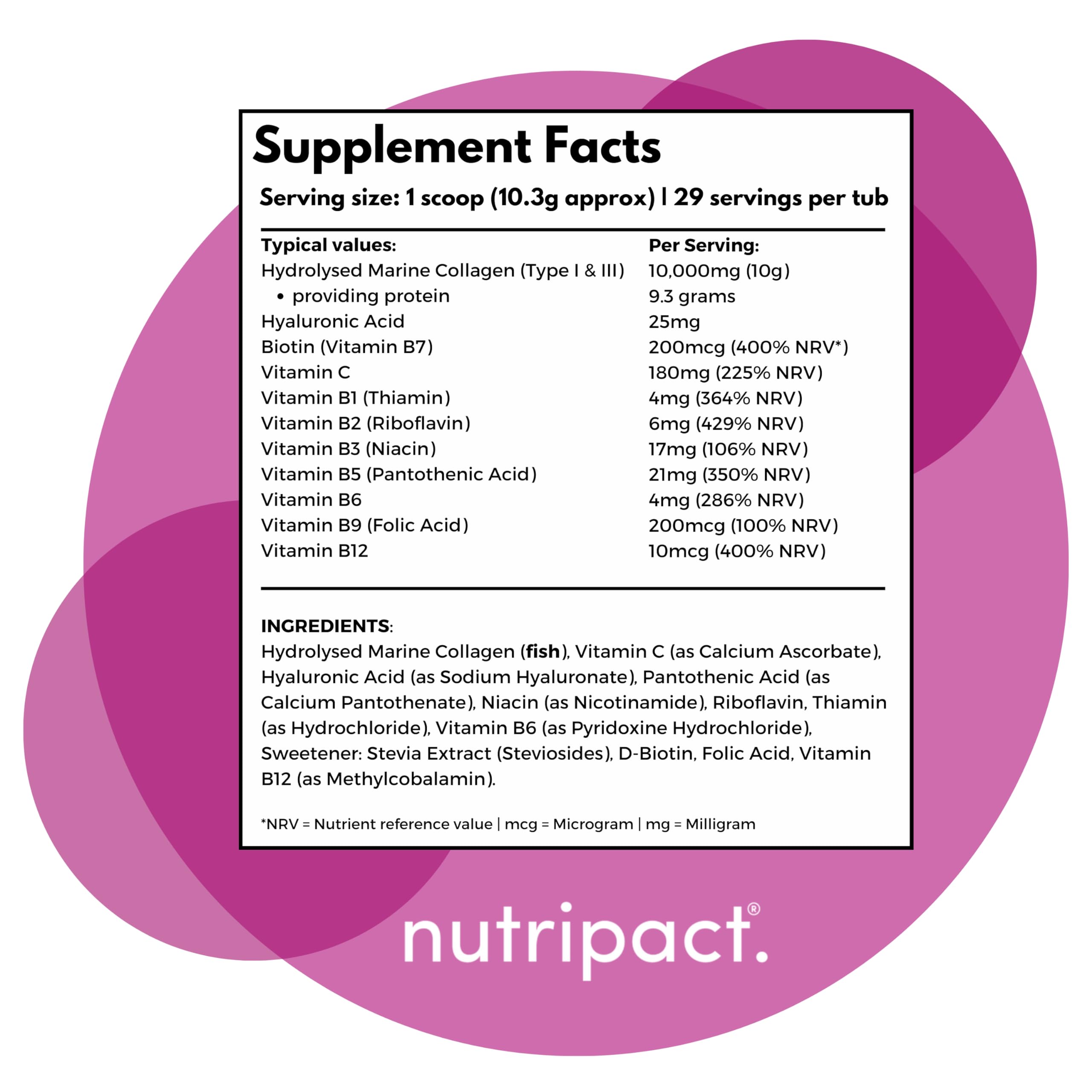 Hydrolysed Marine Collagen Peptides Powder with Hyaluronic Acid, Biotin, Vitamin C & B Vitamins – 10,000mg Collagen nutripactAu supplements