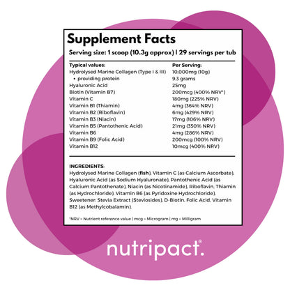 Hydrolysed Marine Collagen Peptides Powder with Hyaluronic Acid, Biotin, Vitamin C & B Vitamins – 10,000mg Collagen nutripactUS supplements