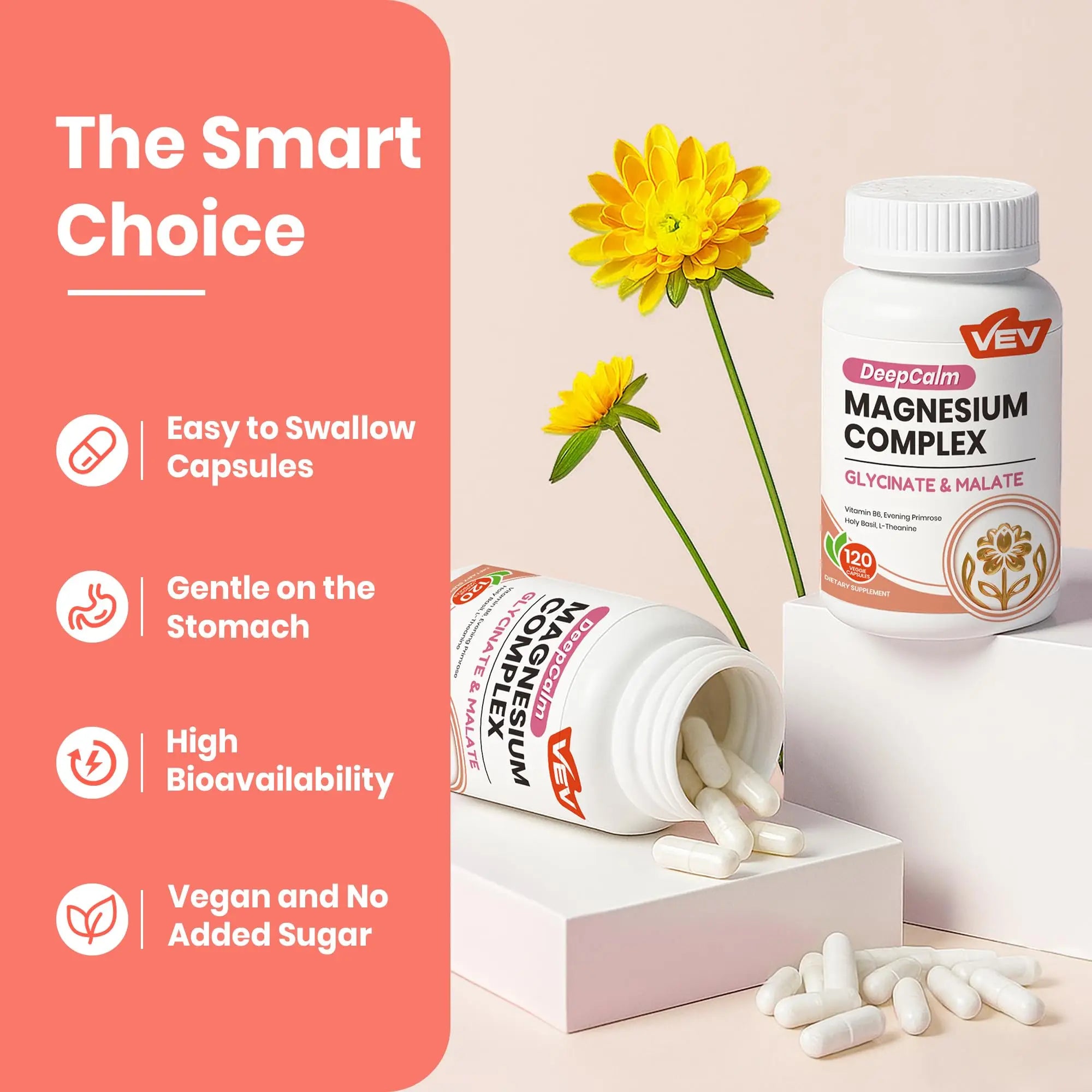 VEV Deep Calm Magnesium Complex for Women – Glycinate, Malate, B6, L-Theanine & Holy Basil – Support for Daily Magnesium & Stress Relief – 120 Vegan Capsules VEVnz supplements