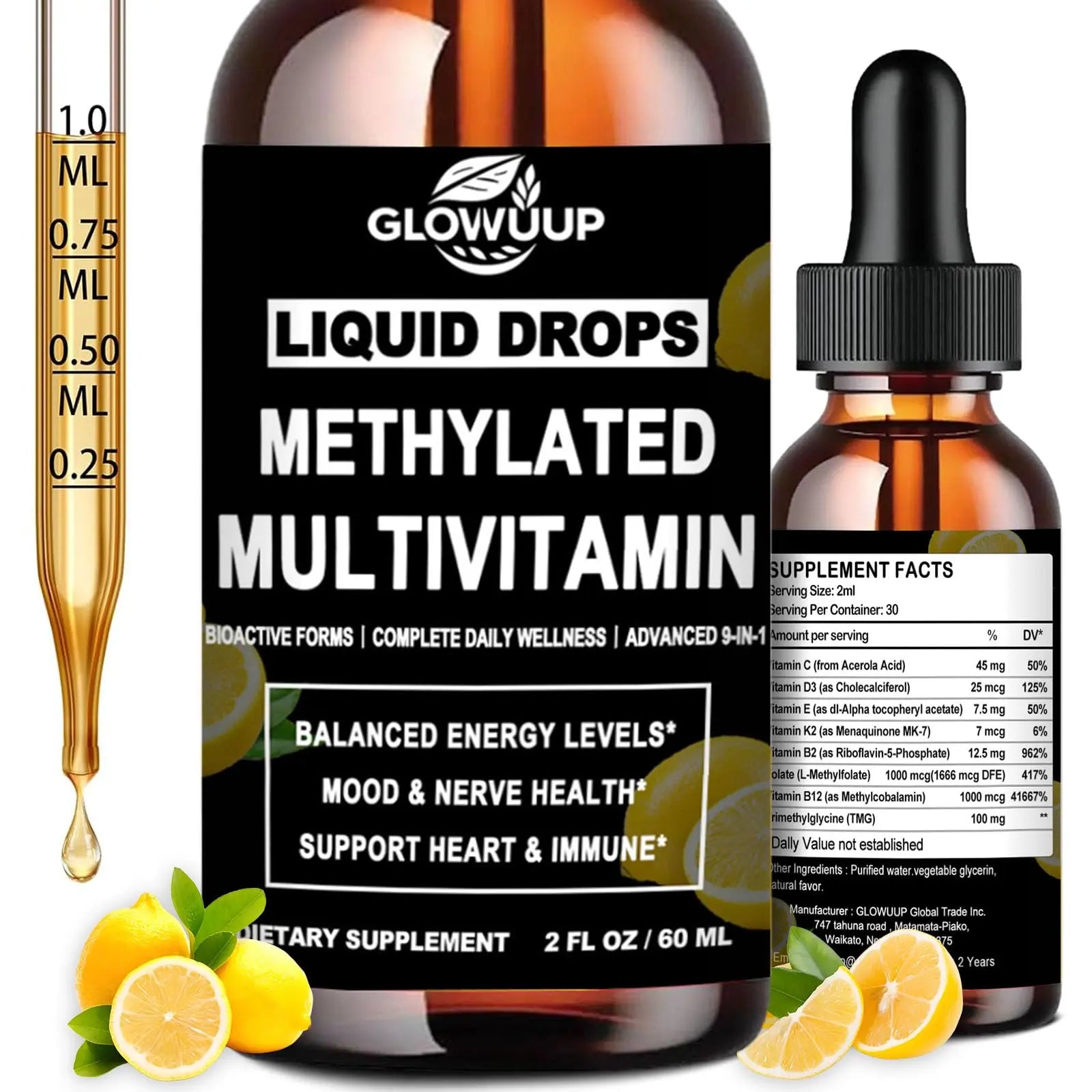 Multivitamin for Women & Men, Methylated Multivitamins & Multiminerals liquid Drops with Methylfolate B12 B2 Vitamin C E D3 K2 GLOVVUUPAu supplements