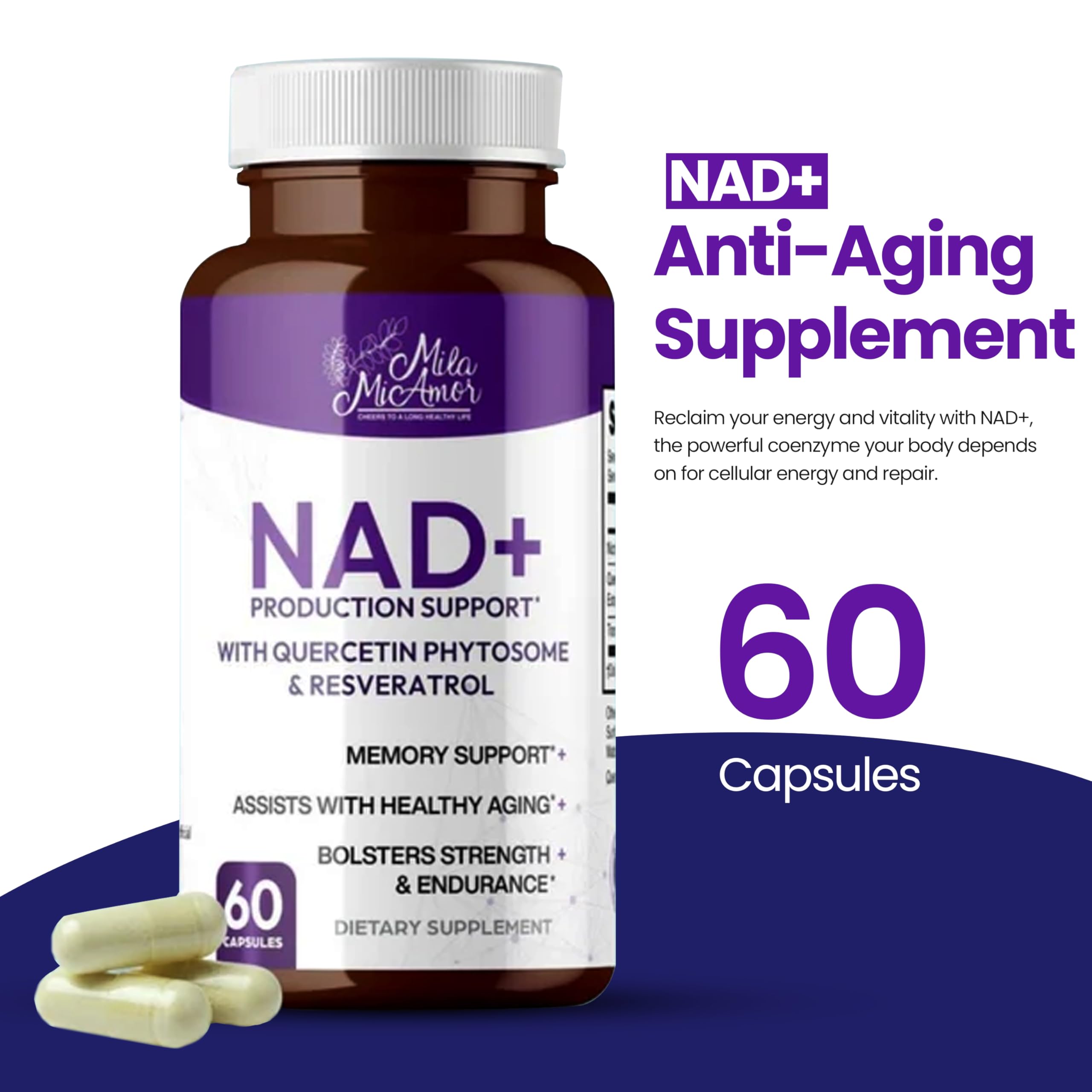Mila Miamor NAD+ for Cellular Energy & Anti-Aging Supplement| Boost Focus, Vitality & Mitochondrial Function | Supports DNA Repair, Brain Health & Endurance | Non-GMO, Gluten-Free | 60 Capsules Mila MiamorAu supplements