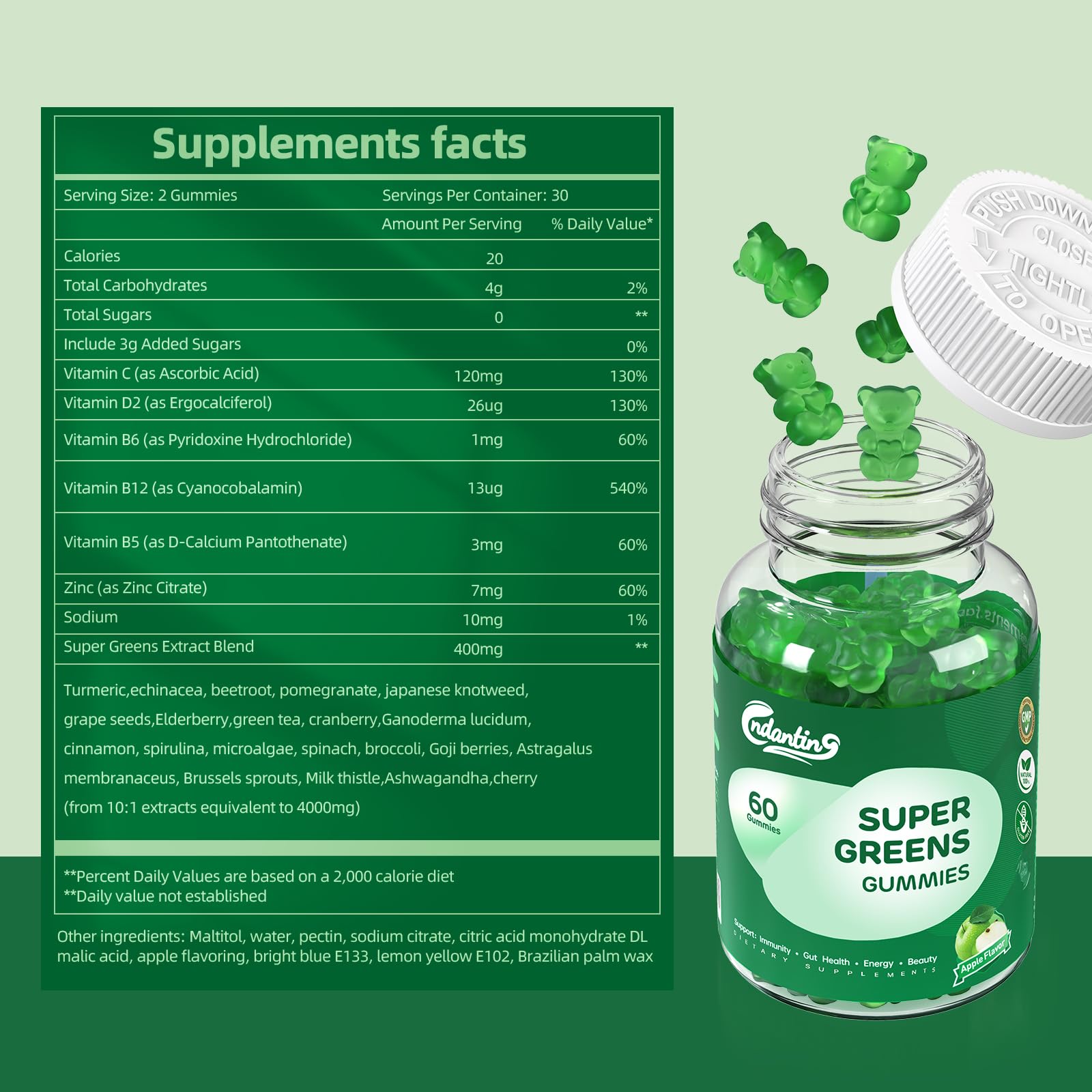 Multivitamin Super Greens Gummies - Daily Vegan Gummy Vitamins for Women, Apple Flavor | Organic Blend with Vitamin C, Turmeric, Zinc, Immune Support, Energy Booster, Metabolism | 60 Count CNDANTINGAu supplements