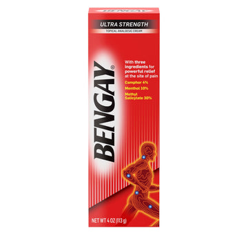 Bengay Ultra Strength Topical Pain Relief Cream, Non-Greasy Topical Analgesic for Minor Arthritis, Muscle, Joint and Back Pain, Camphor, Menthol and Methyl Salicylate, 4 OZ BengayAu supplements