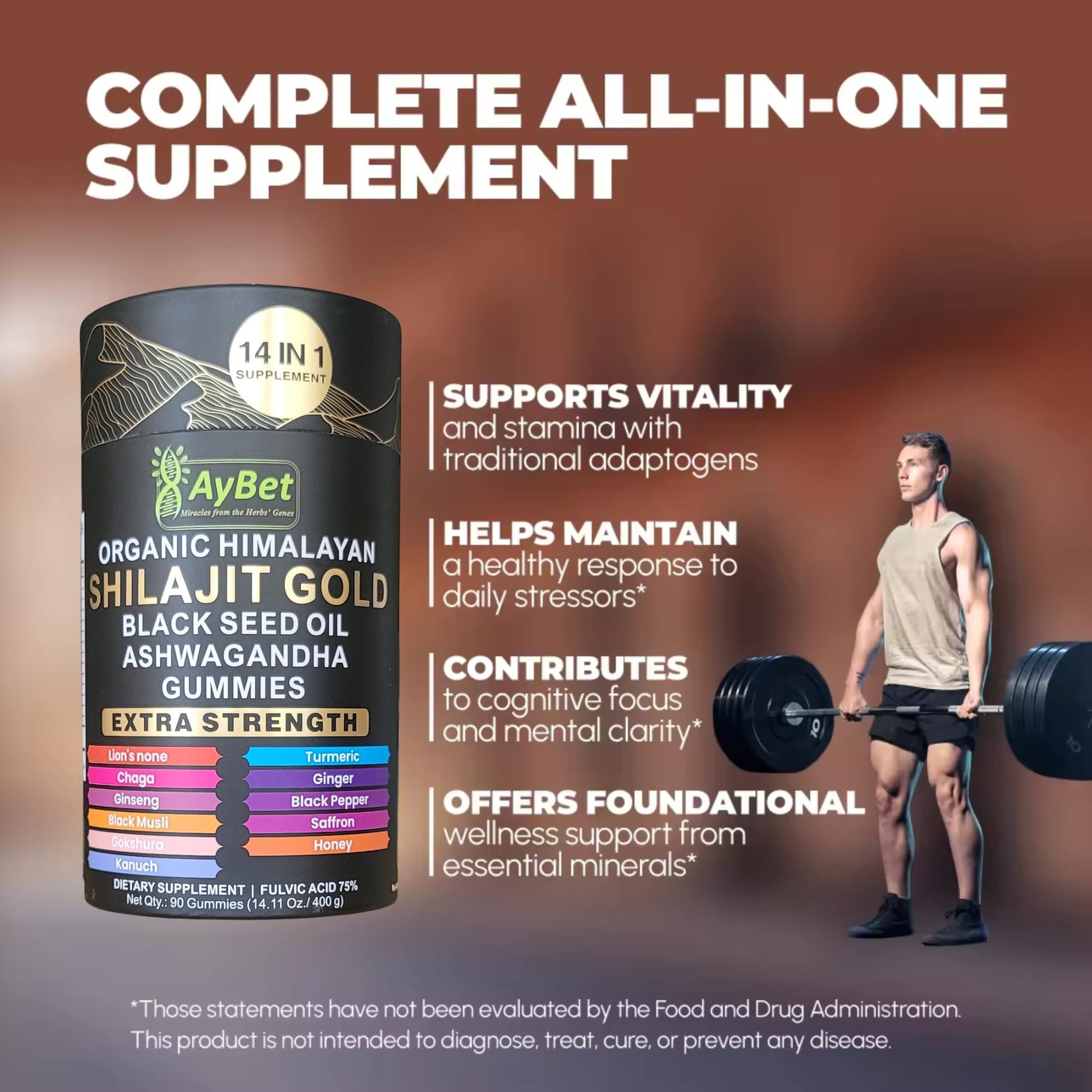 AyBet Organic Himalayan Shilajit Gold Gummies for Men and Women, Black Seed Oil, Ashwagandha, Ginseng, Turmeric, Gokshura, Lion's None, Lab Tested,%75 Fulvic Acid, No Sugar Added, Halal, 90Gummy AyBetAu supplements