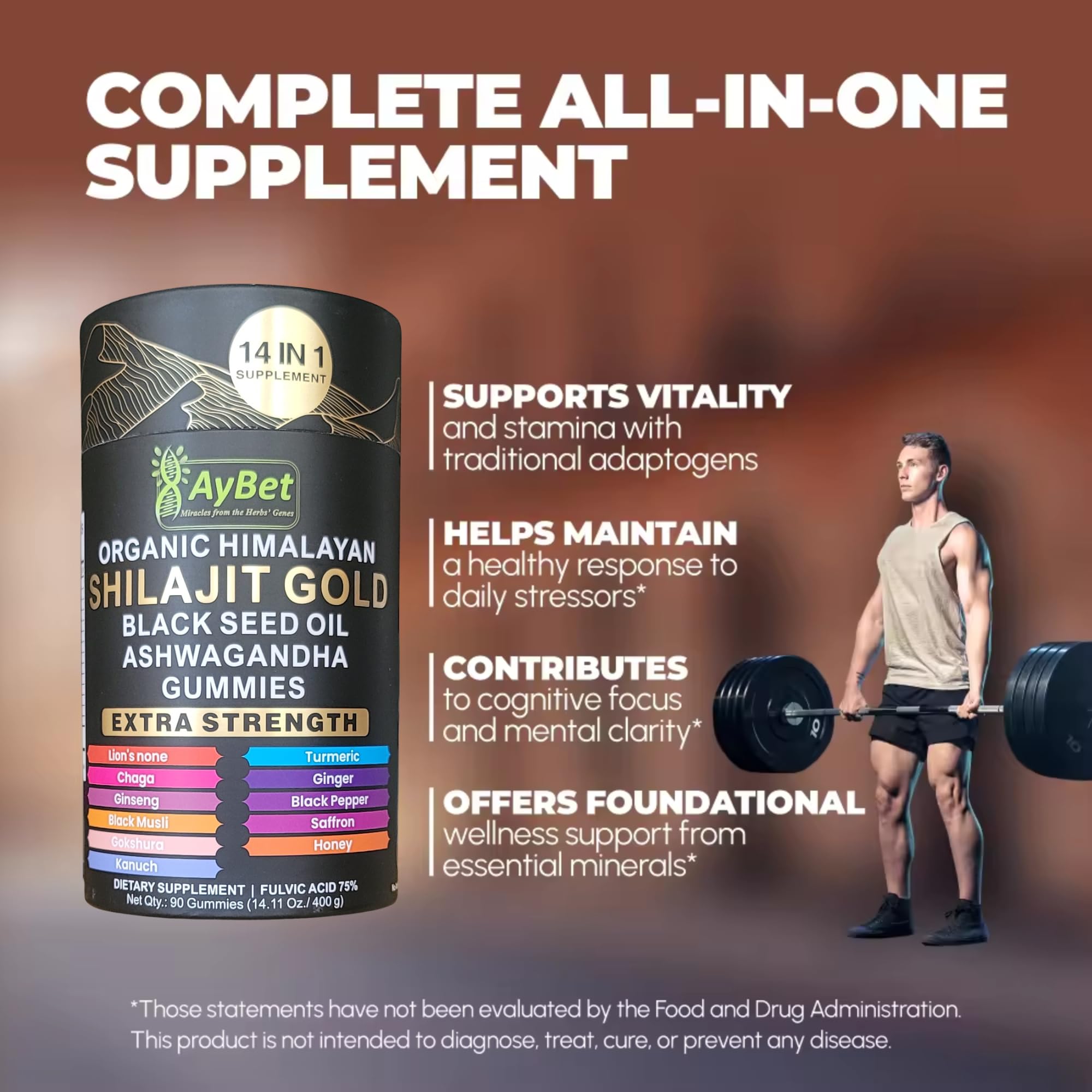 AyBet Organic Himalayan Shilajit Gold Gummies for Men and Women, Black Seed Oil, Ashwagandha, Ginseng, Turmeric, Gokshura, Lion's None, Lab Tested,%75 Fulvic Acid, No Sugar Added, Halal, 90Gummy AyBetAu supplements