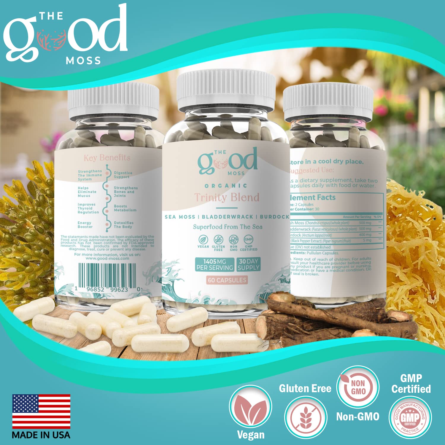 Trinity Blend Superfood -Sea Moss, Bladderwrack and Burdock Root Supplement for Overall Health Support, Hair, Skin and Nails 60ct The Good MossAu supplements