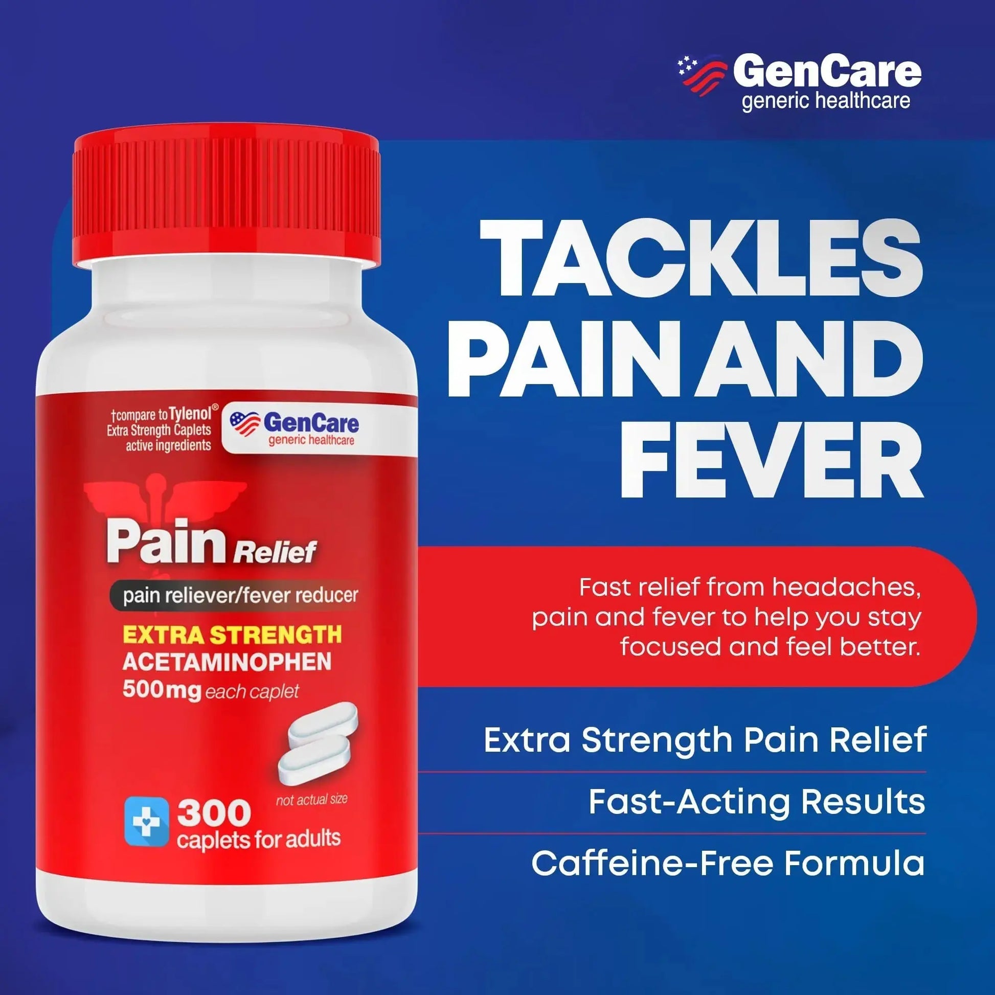 GenCare - Acetaminophen 500mg Extra Strength Pain Relief (300 Caplets) - Multi Symptom Pain Reliever for Headache, Sinus, Arthritis, Back Pain Muscle Ache, Toothache, Fever Reducer, Migraine GenCareAu supplements