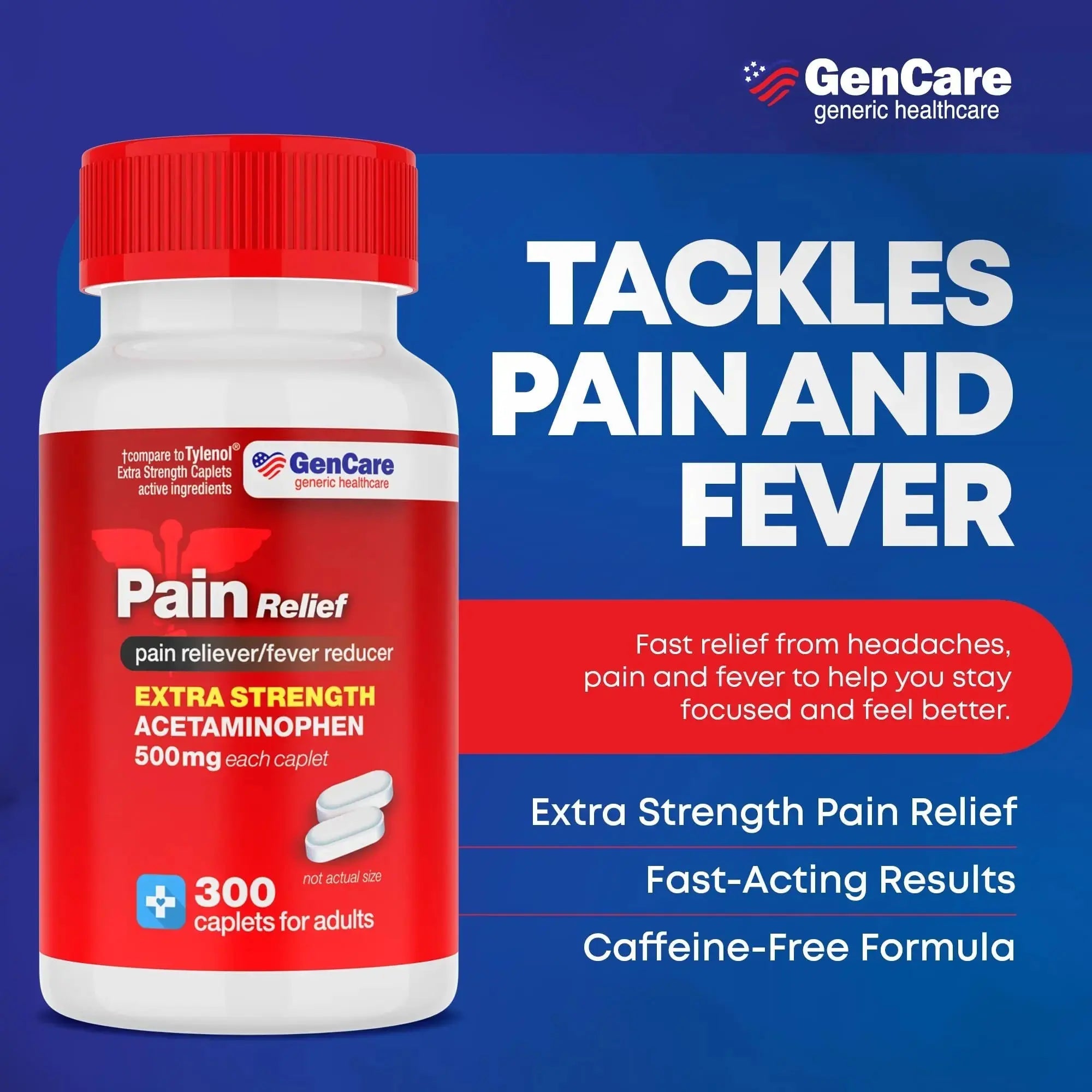 GenCare - Acetaminophen 500mg Extra Strength Pain Relief (300 Caplets) - Multi Symptom Pain Reliever for Headache, Sinus, Arthritis, Back Pain Muscle Ache, Toothache, Fever Reducer, Migraine GenCareAu supplements