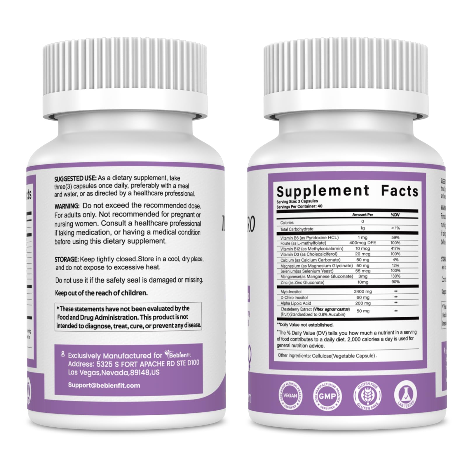 13-in-1 Myo Inositol & D-Chiro Inositol for Women PCOS,Hormonal Balance,2460mg-40:1 Ratio,Ovarian Health&Cycle Support Supplement Plus Alpha Lipoic Acid/Folate/Vitex/Magnesium/Multivitamin,120 Veg Cap Bebien fitAu supplements