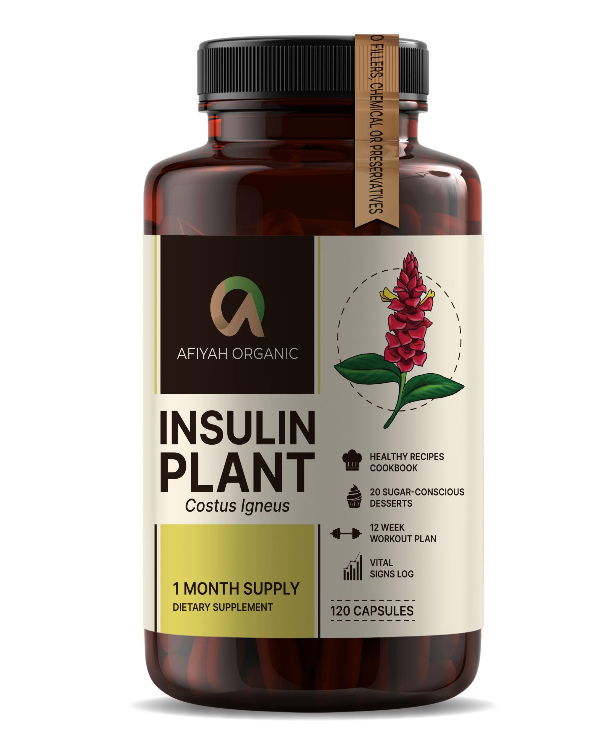 Afiyah Organic - Premium Quality Costus Igneus (Insulin Plant) Capsules - Easy to Swallow 120 Veggie Capsules (1 Month Supply) - Made in the USA - Including Complete Health Support Program Afiyah OrganicAu supplements