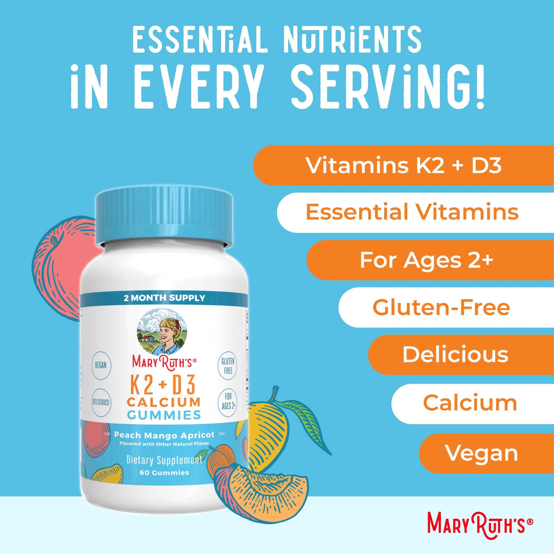 MaryRuth Organics Calcium with Vitamin D & Vitamin K2, 2 Month Supply, Calcium Supplement Supports Bone Health & Joint Support, with Vitamins D3 K2 Gummies, Vegan, Non-GMO, Gluten Free, 60 Count MARYRUTH'SUS supplements