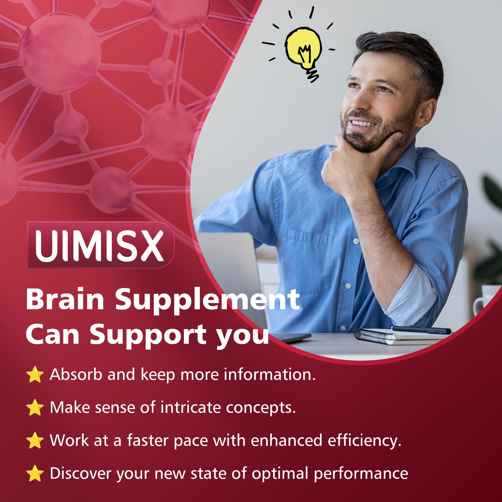 UIMISX Brain Supplement for Mental Alertness, Memory, Focus & Energy, Alpha GPC, Huperzine-A, L-Tyrosine, Phosphatidylserine, Vitamins B6 B12, High Absorption, 90 Capsules UIMISXAu supplements