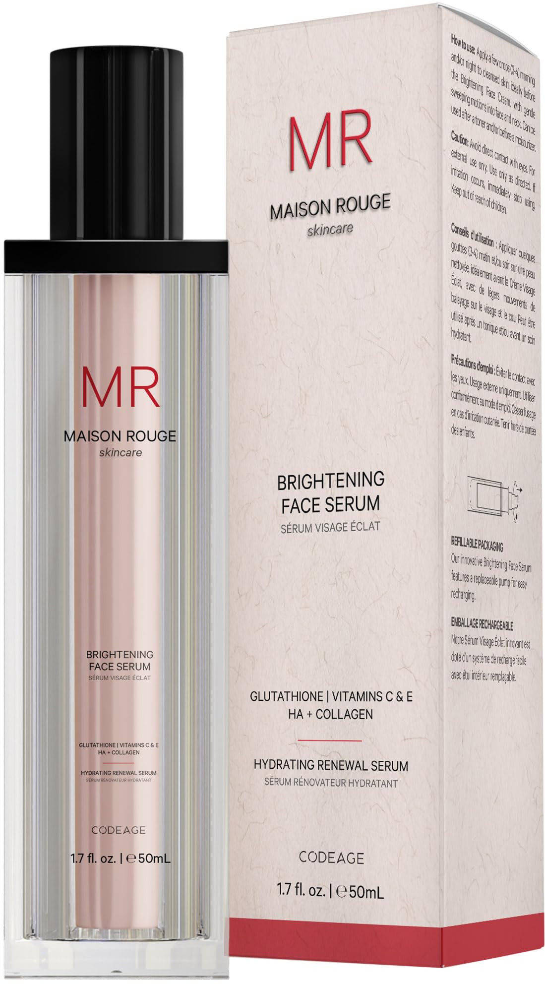 Maison Rouge Brightening Face Serum by Codeage - Glutathione Serum, Vitamin C, E, Hyaluronic Acid, Collagen - Radiance Enhancing - Parabens and Sulfates-Free - Refillable - All Skin Types - 1.7 fl oz CodeageAu supplements