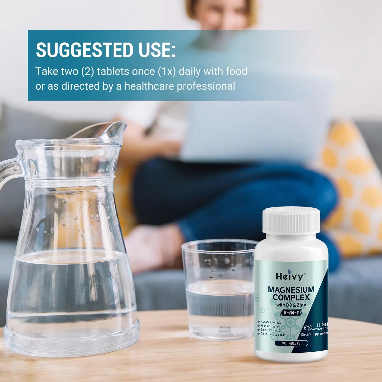 Heivy Magnesium Complex, Magnesium Glycinate, Citrate, Malate, Oxide, Gluconate with Zinc and Vitamin D3, Magnesium Supplement for Muscle, Nerve, Heart, Bone Support, High Absorption, 90 Tablets Heivynz supplements