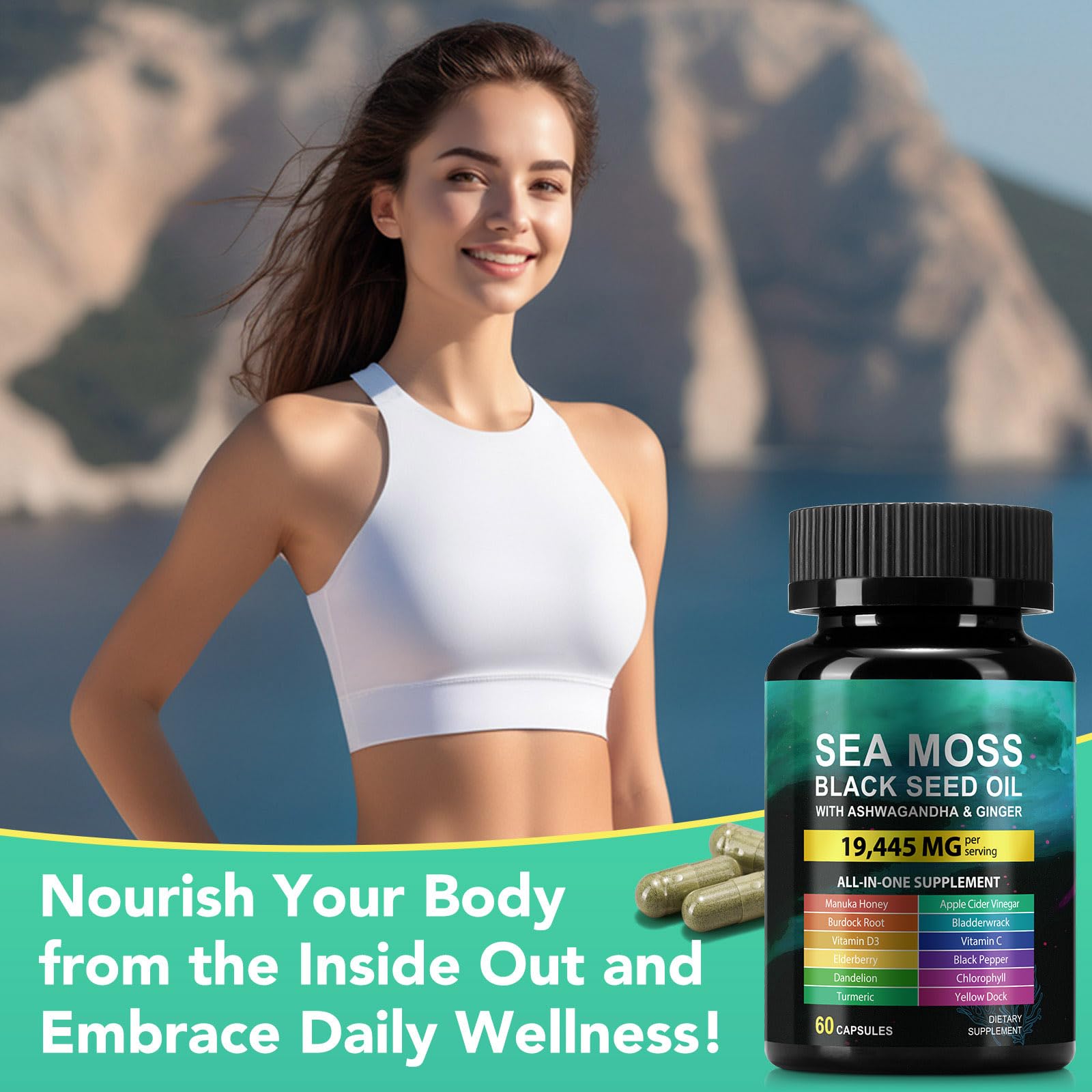 Sea Moss Black Seed Oil Ashwagandha Ginger Capsules, Seamoss Capsules Supplement with Bladderwrack Burdock & Vitamin C Vitamin D3 for Women & Men-Enhanced Immunity,60 Counts VceeoyAu supplements