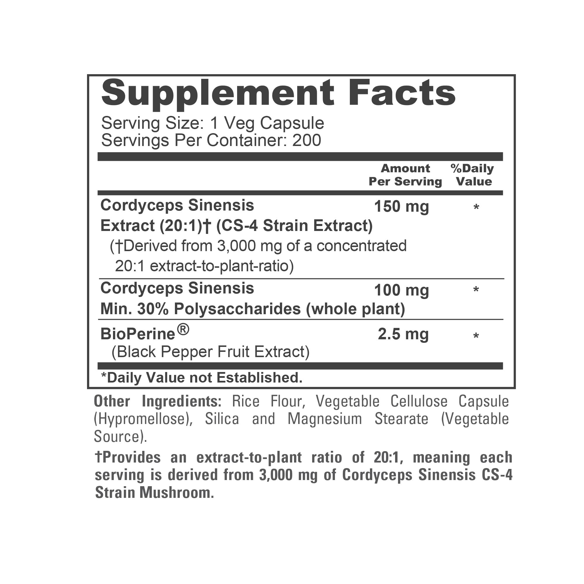 NusaPure Cordyceps 20:1 Extract, 150 mg Equivalent to 3,000mg 200 Veggie Capsules (Sinensis CS-4, Non-GMO, Vegan) Bioperine NusaPureAu supplements