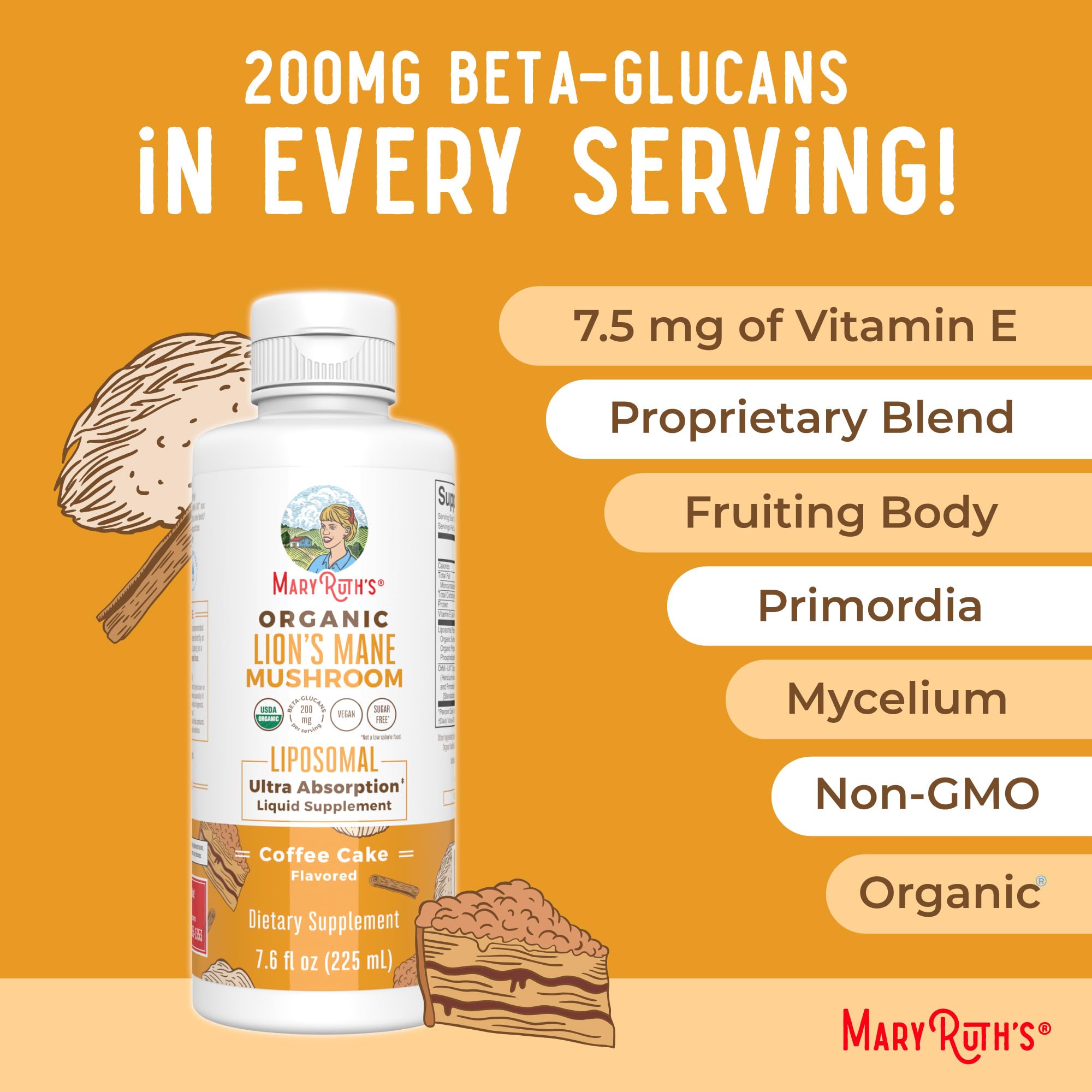 MaryRuth Organics Lions Mane Supplement | Ultra Absorption Liposomal | Full Spectrum Lion's Mane Mushroom | 200mg Beta-Glucans Per Serving | USDA Organic | Vegan | 7.6 oz | 15 Servings MARYRUTH'SUS supplements