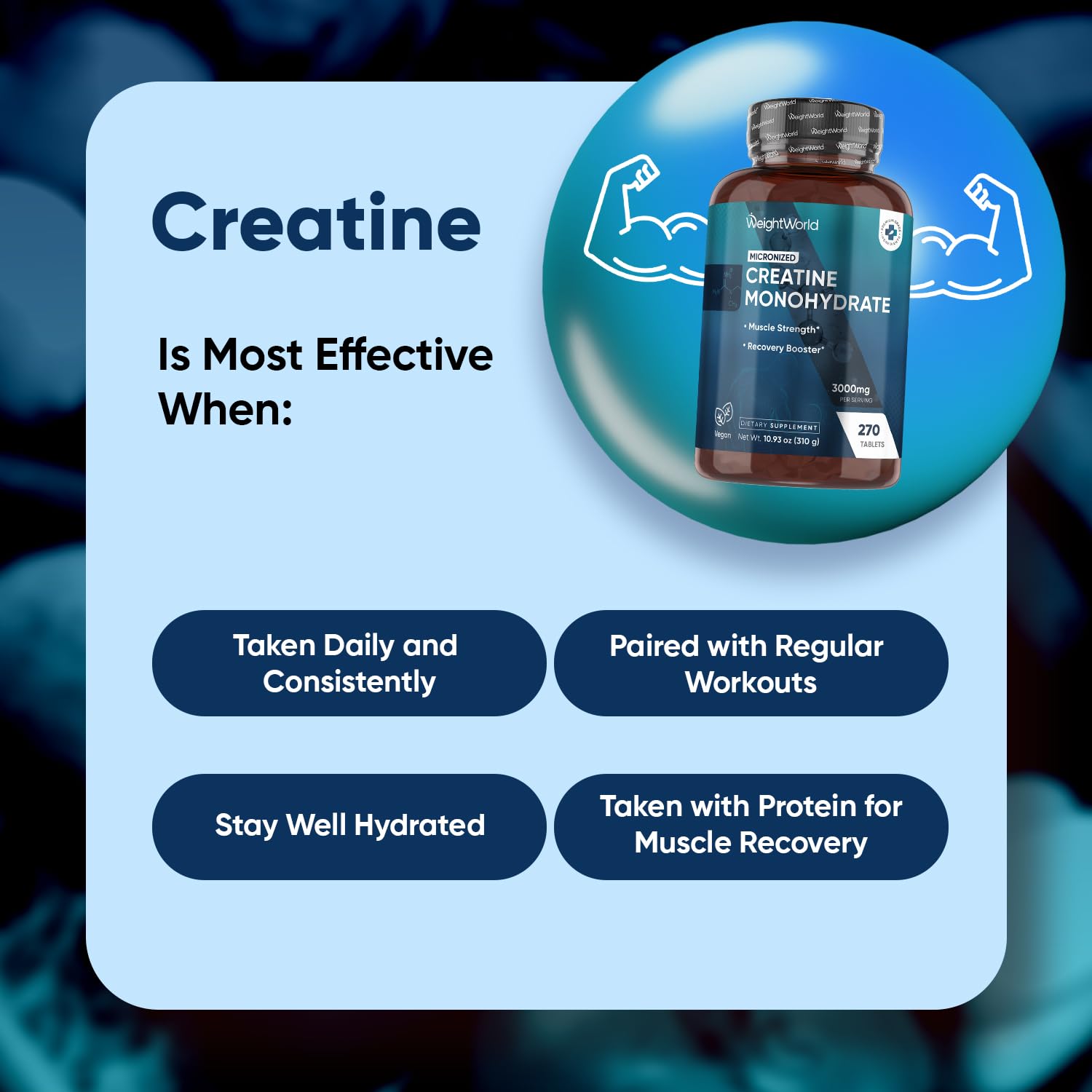 WeightWorld Micronized Creatine Monohydrate 3000mg Vegan Tablets | Muscle Strength & Recovery Booster | 3 Months Supply - 270 Tabs | Creatine for Women & Men | Non-GMO, Gluten-Free | 3 Tablets a Day WeightWorldAu supplements