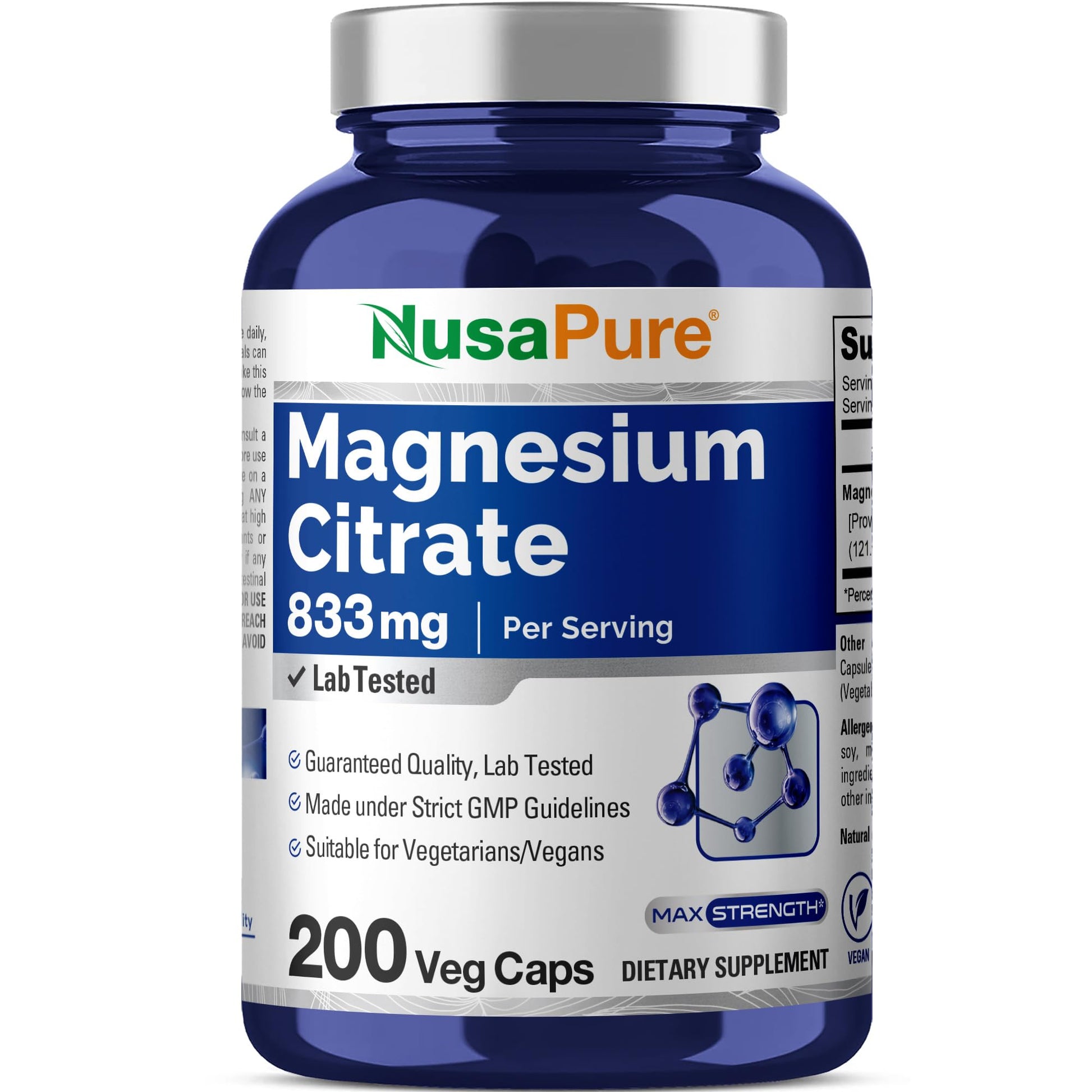 NusaPure Magnesium Citrate 833mg - 200 Veggie Capsules (Vegetarian, Non-GMO, Vegan) NusaPureAu supplements