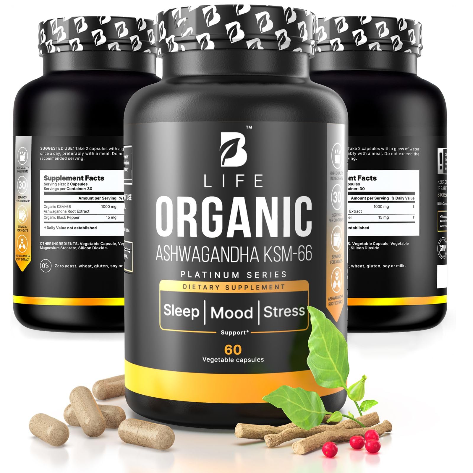 Organic Ashwagandha KSM-66 1000 mg Supplement | Adaptogen for Cortisol Support & Stress Relief | Mood, Calm & Sleep Aid for Men & Women | Ashwagandha ritual vitamins for women | 60 Vegan Caps B Life CompanyAu supplements