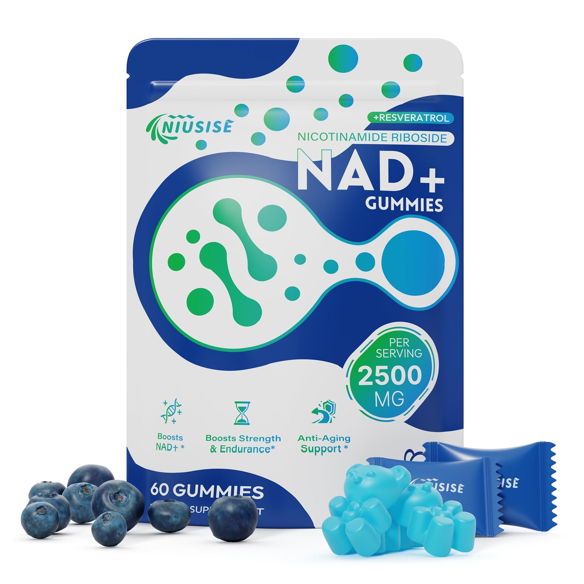 NIUSISE NAD Gummies Sugar Free, NAD+ Supplement with Liposomal Nicotinamide Riboside, Resveratrol, Quercetin, NAD Supplement for Anti-Aging, Energy, Cellular Health, Blueberry Flavor, 60 Gummies NIUSISEAu supplements