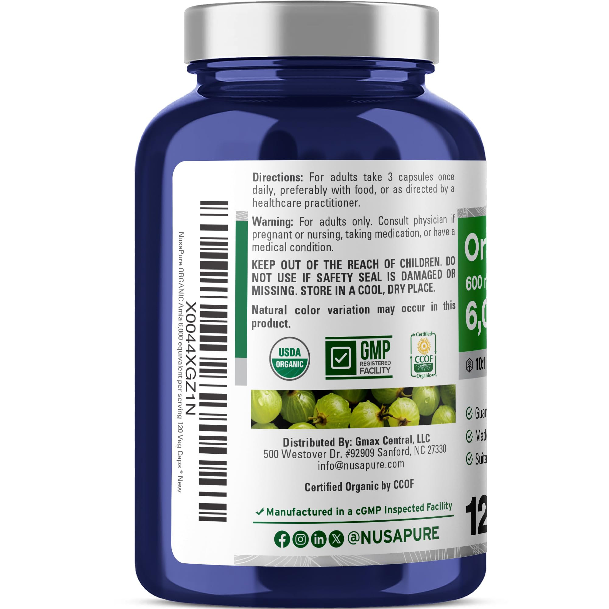 NusaPure Organic Amla Capsules 10:1 Extract, 600 mg Equivalent to 6,000mg | 120 Count | Amalaki Fruit | USDA, Vegan, Non-GMO Supplement NusaPureAu supplements