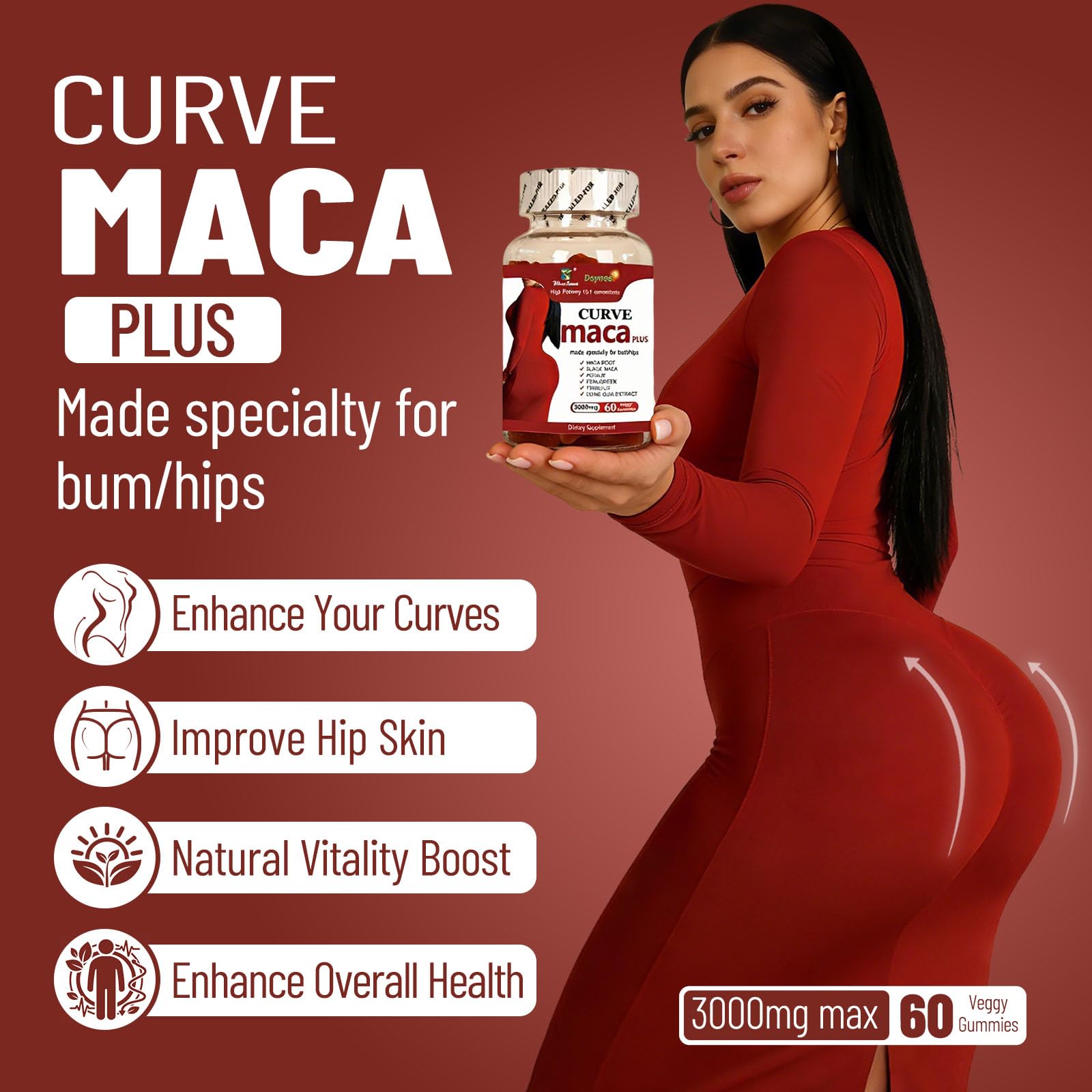 Wins Town Maca Plus Gummies 3000mg, Glute Boost Vitamins for Women, Supports Curves, Energy & Skin Health, Strawberry Flavor, Vegan, 60 Count Wins TownAu supplements