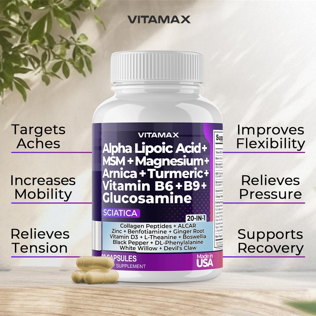 Sciatic Nerve Health Support - Sciatic Nerve Supplement Capsules with Folic Acid, Pea, Glucosamine, MSM, Vitamin B Complex, Alpha Lipoic Acid 300mg – 60ct – Made in USA VitamaxAu supplements