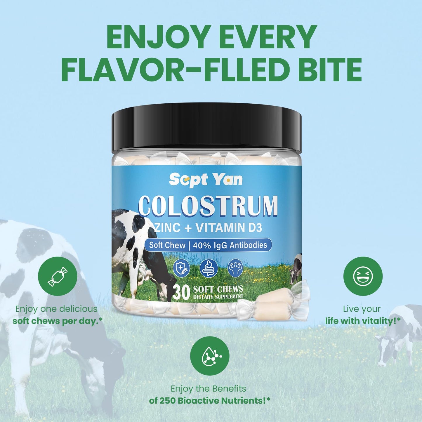 Colostrum Soft Chew Supplement (3000mg + 40% IgG), Concentrated Bovine Colostrum SEPT YANUS supplements