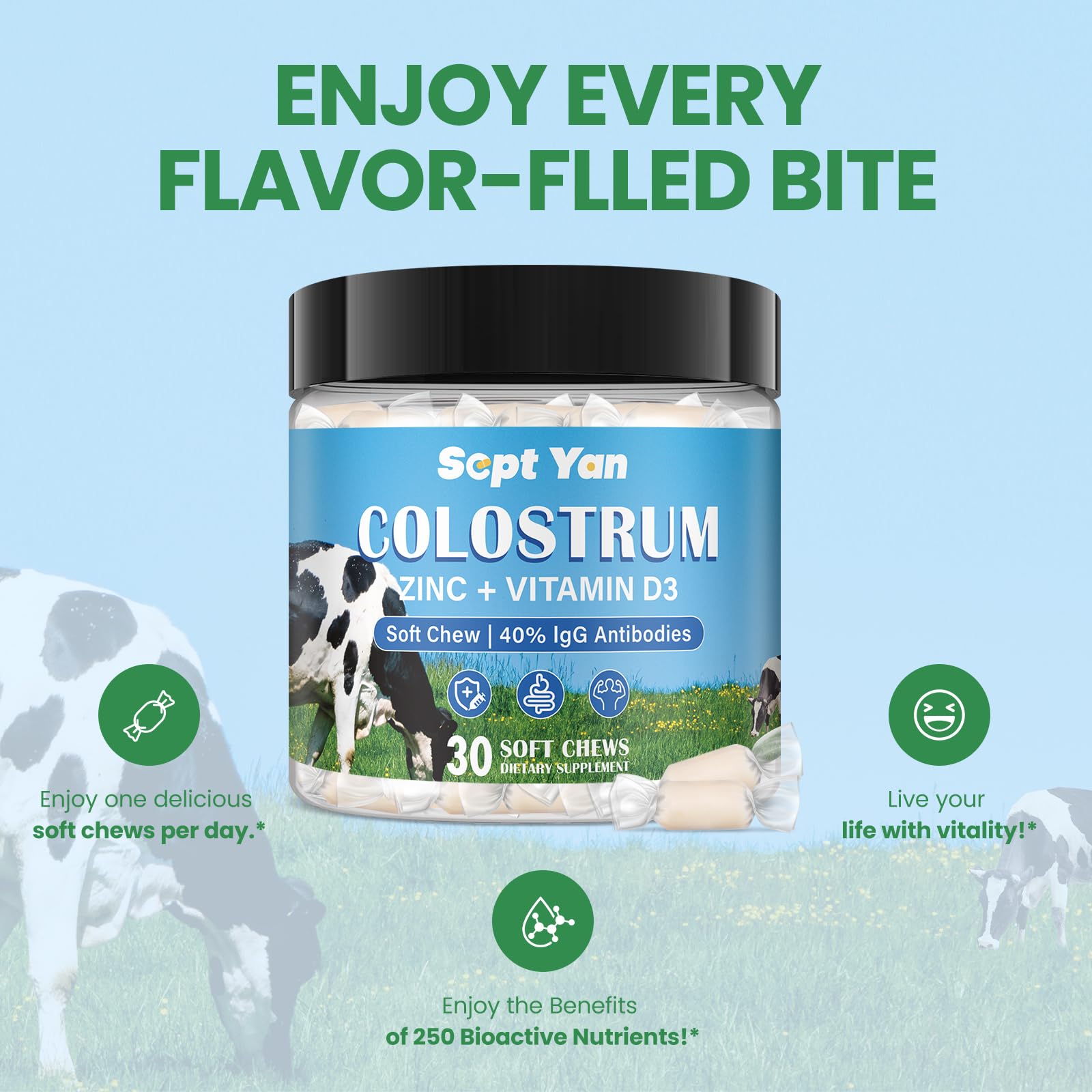 Colostrum Soft Chew Supplement (3000mg + 40% IgG), Concentrated Bovine Colostrum SEPT YANUS supplements