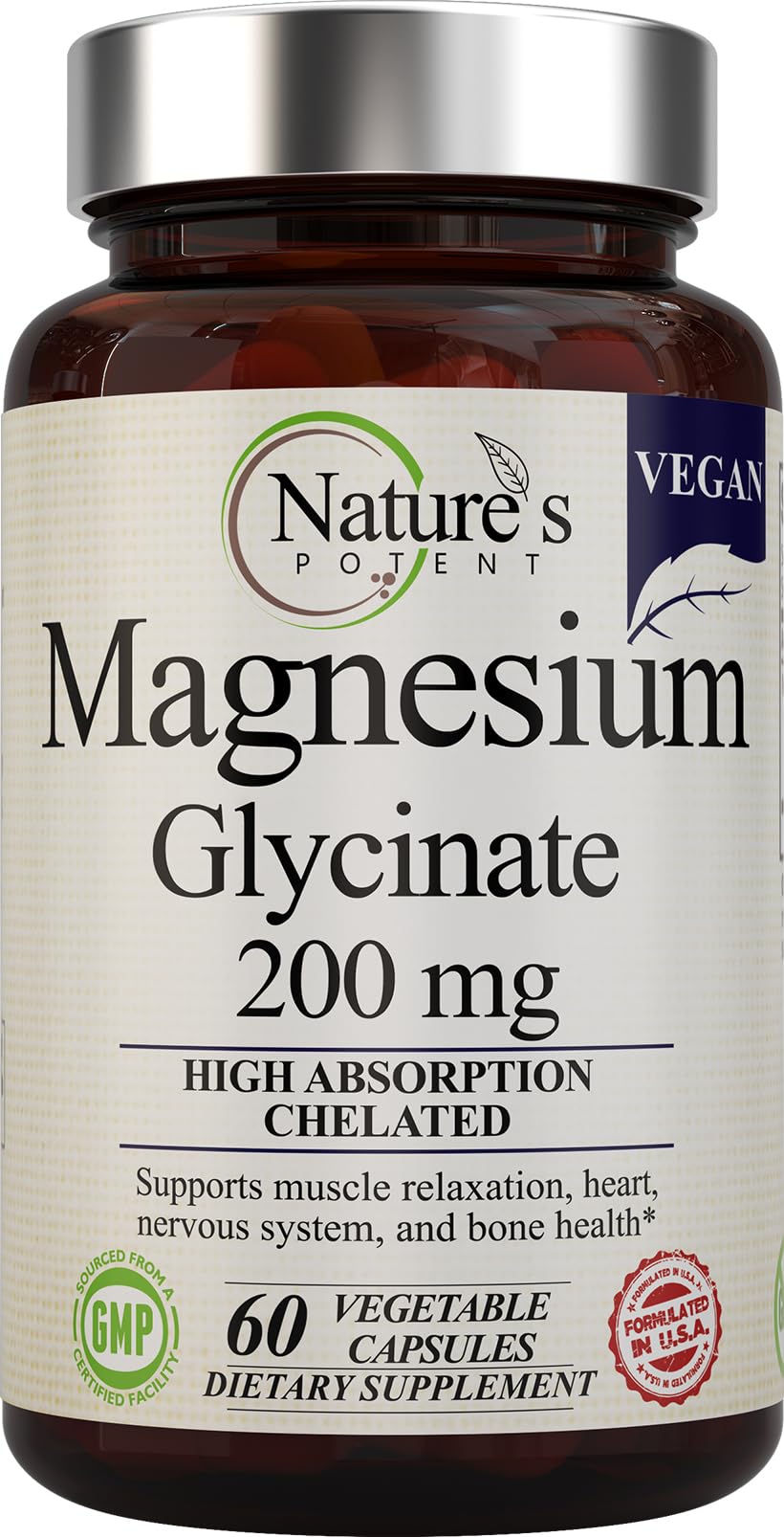 Nature’s Potent Magnesium Glycinate 200mg | High Absorption Chelated Magnesium | Sleep, Calm & Muscle Cramp Support | Vegan Supplement | 60 Capsules Nature's PotentAu supplements