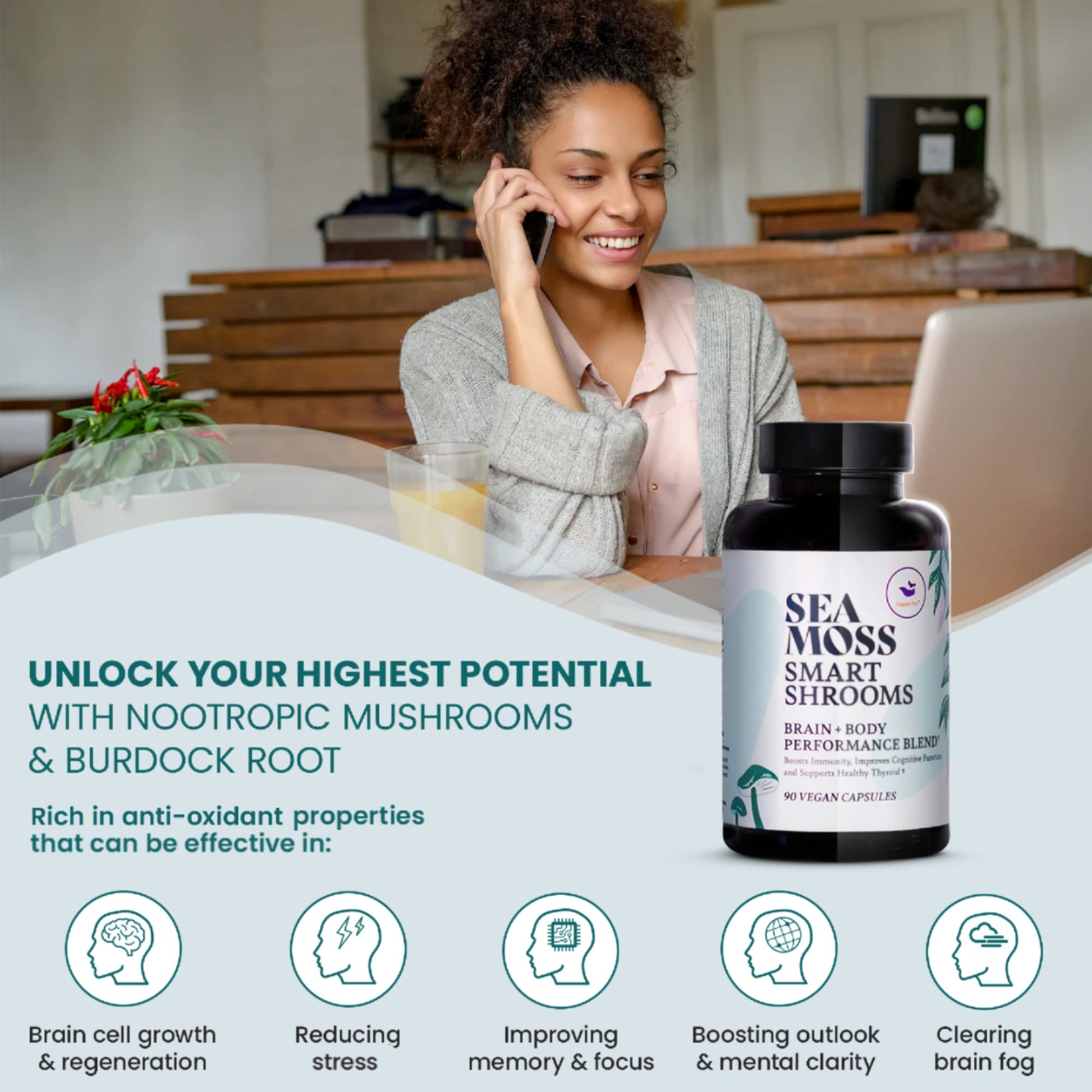 HAPPY FOX Irish Sea Moss Capsules & Mushroom Complex - Organic Seamoss with Adaptogens for Brain Health, 1500mg, 90 Vegan Capsules, Organic Mushroom Supplement HAPPY FOXAu supplements