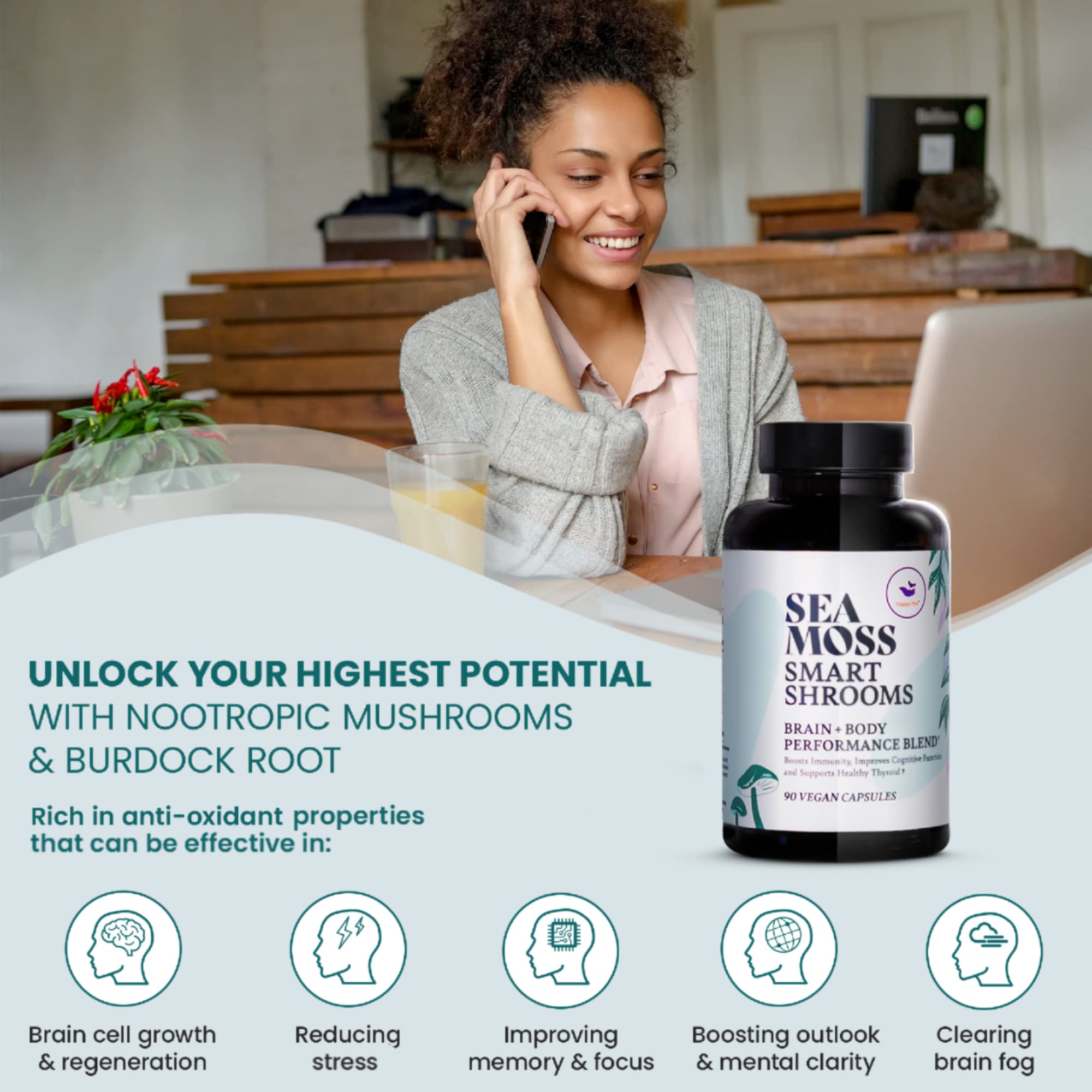 HAPPY FOX Irish Sea Moss Capsules & Mushroom Complex - Organic Seamoss with Adaptogens for Brain Health, 1500mg, 90 Vegan Capsules, Organic Mushroom Supplement HAPPY FOXAu supplements