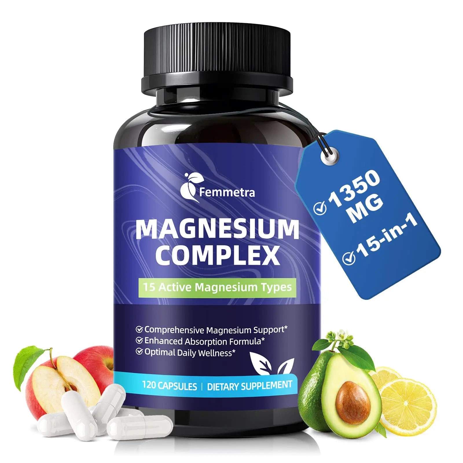 Magnesium Complex for Women Men 1350mg 15 in 1 Pure Magnesium Supplement, with High Absorption Chelated Magnesium Glycinate Citrate Malate & More for Muscle, Heart, Sleep & Bone Support, Vegan 60 Days Femmetranz supplements