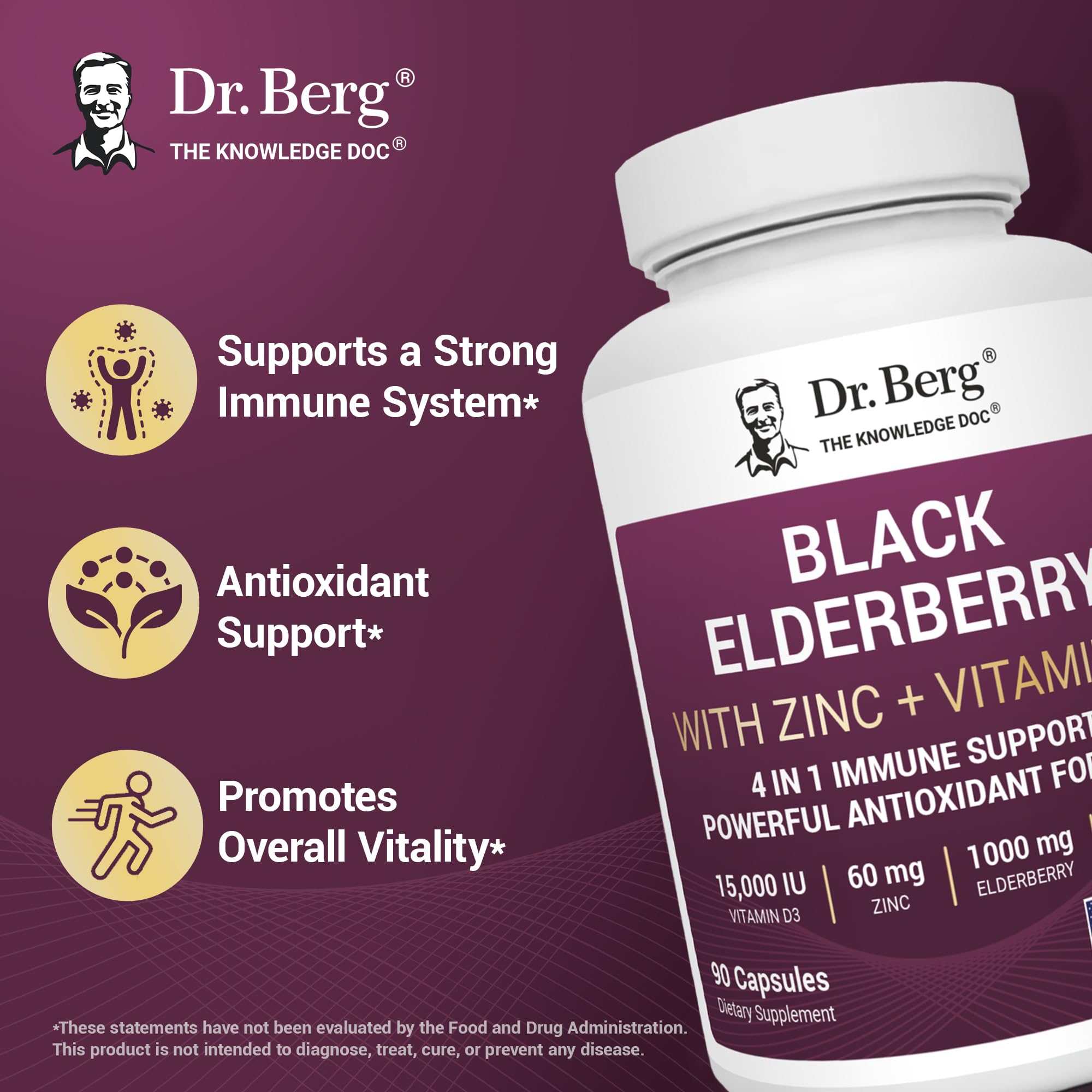 Dr. Berg Black Elderberry Capsules (Advanced Immune Support*) with 15,000 IU Vitamin D, 60 mg of Zinc, & 90 mg of Camu Camu - (4-in-1) Sambucus Elderberry Immune Support Supplement - 90 Capsules Dr. Berg NutritionalsAu supplements