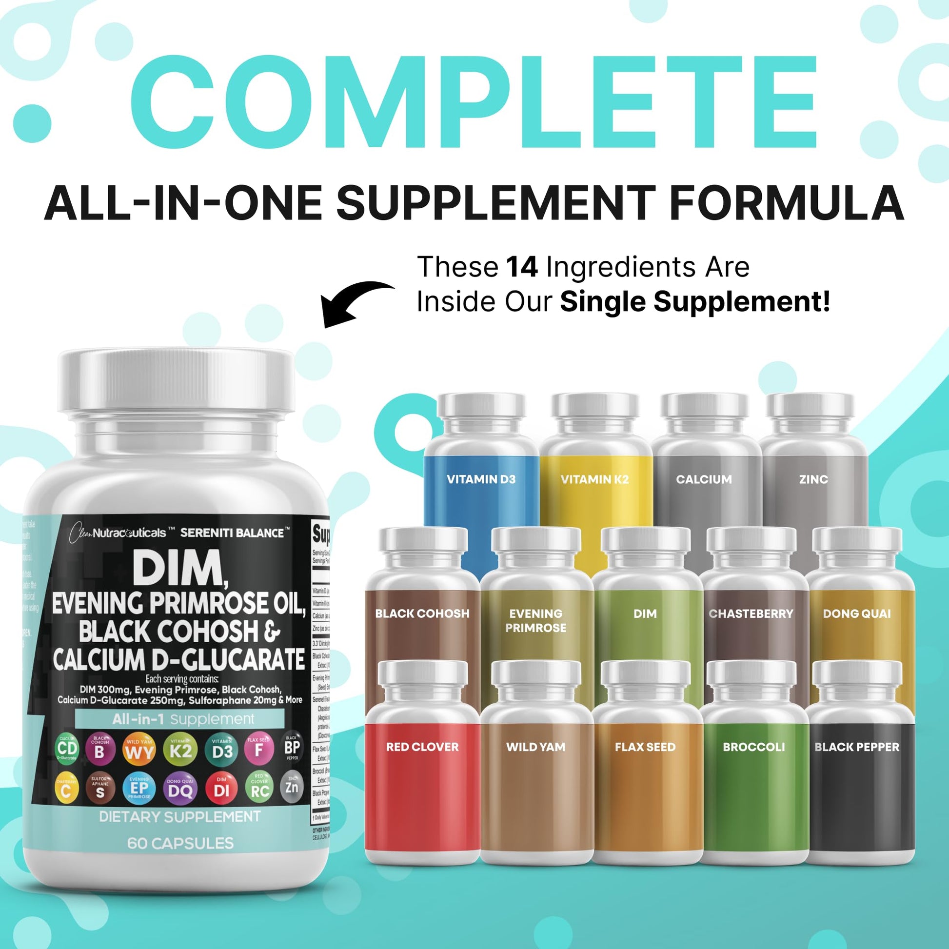 Clean Nutraceuticals DIM Evening Primrose Black Cohosh Calcium D-Glucarate Sulforaphane Flax Seed Extract - Hormonal Support Vitamins for Women with Dong Quai - 60 Caps Clean NutraceuticalsAu supplements
