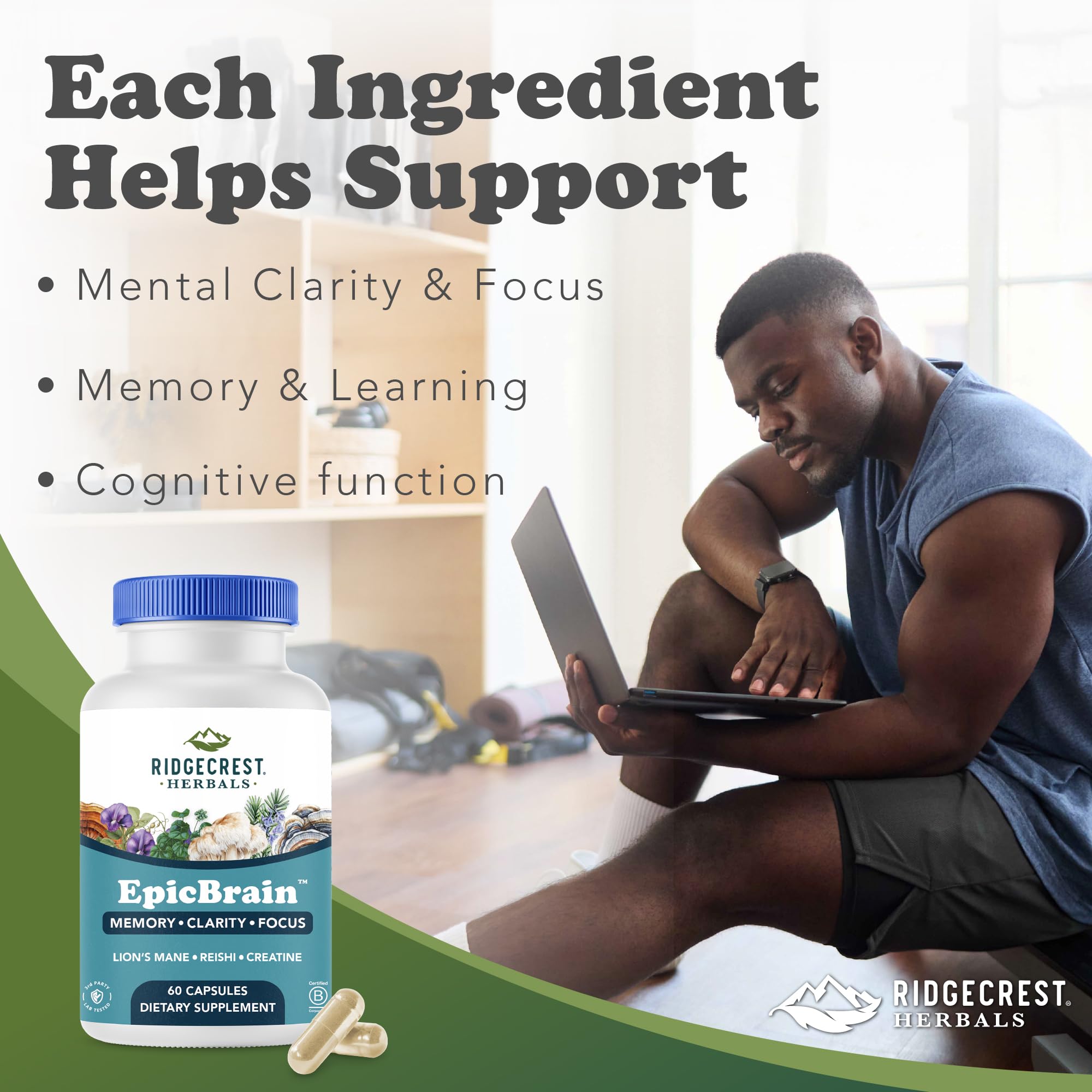 RidgeCrest Herbals EpicBrain, Natural Brain Support Supplement with Creatine Monohydrate, Lion's Mane, Reishi, Supports Mental Clarity, Memory, Focus, Stimulant-Free Nootropic (60 Count, 30 Servings) RidgeCrest HerbalsAu supplements