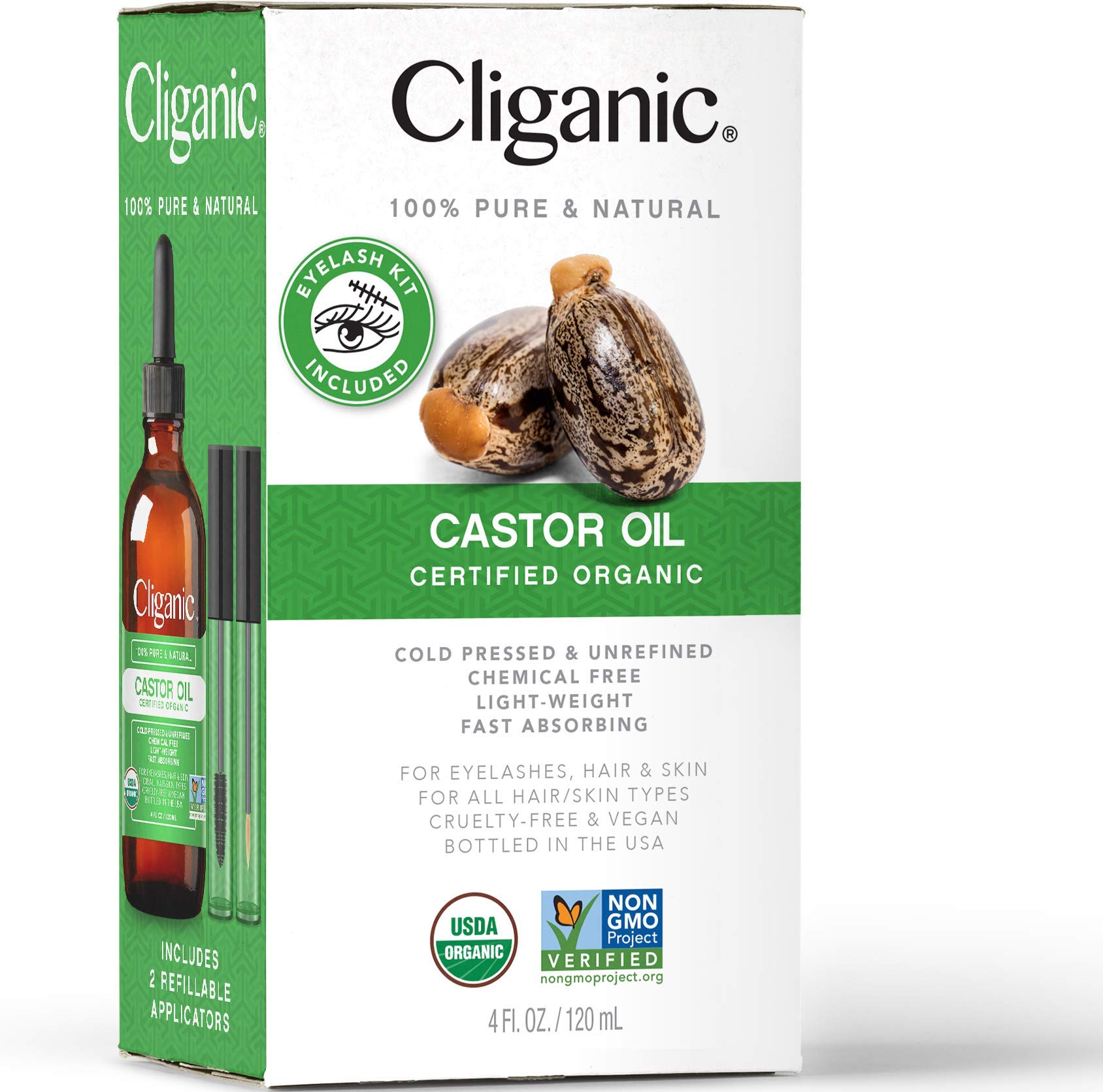 Cliganic Organic Castor Oil, 100% Pure (4oz with Eyelash Kit) - For Eyelashes, Eyebrows, Hair & Skin CliganicAu supplements