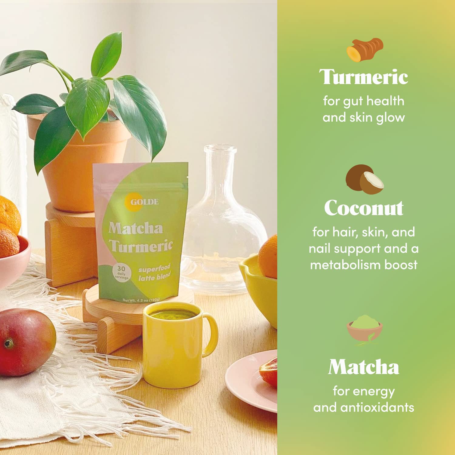 GOLDE - Superfood Latte Blend - Matcha Turmeric - Plant-Based w/Turmeric, Coconut, & Matcha - Stress Balance - Vegan, Keto, & Sugar-Free - 30 Servings GOLDEAu supplements