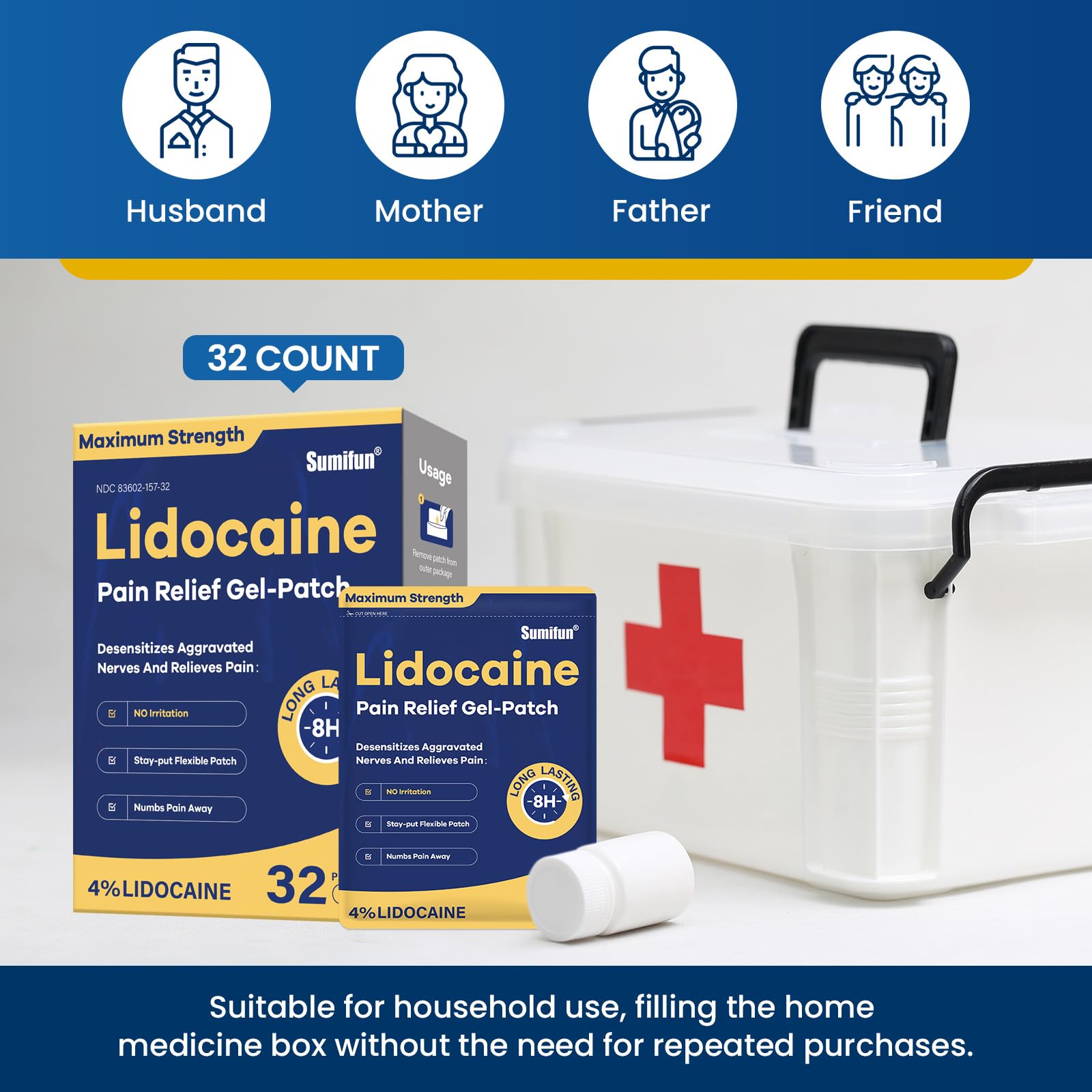 Sumifun 4% Lidocaine Patches Maximum Strength- Pain Relieving Gel Patch for Back, Shoulder, Muscle, Knee Pain Relief,Neck & Joint Pains-Numbs Away Pain, Apply for Up to 8 Hours (Large, Count, 32) SumifunAu supplements