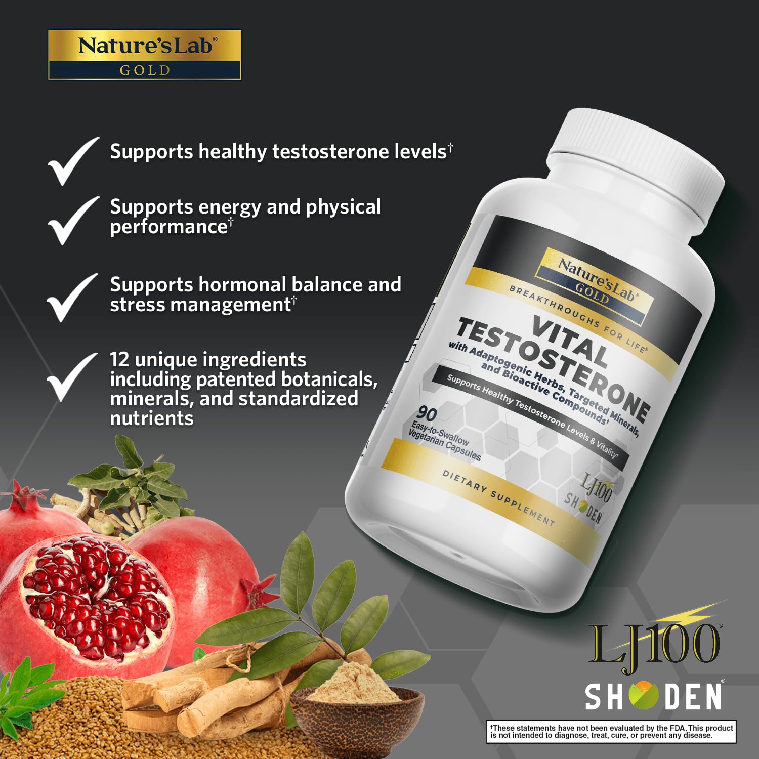 Nature's Lab Gold Vital Testosterone with Adaptogenic Herbs, Targeted Minerals and Bioactive Compounds* - Supports Healthy Testosterone Levels & Vitality* - 90 Capsules (30 Day Supply) Nature's LabAu supplements