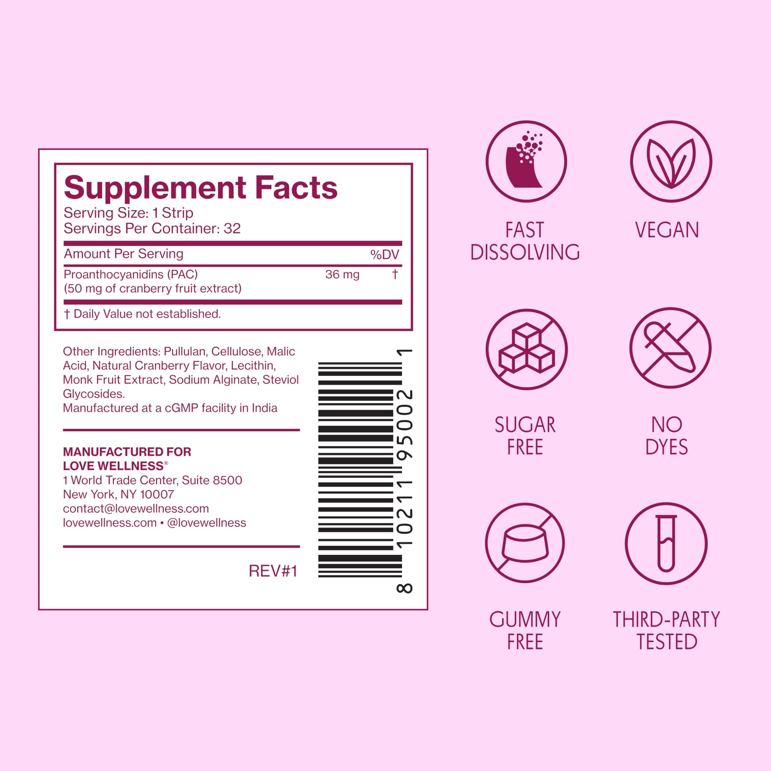 Love Wellness Urinary Tract* Quick Melt Strips - Fast-Dissolving UT Support with 36 mg PACs from Cranberry Fruit Extract - Promotes Urinary Health* - No Water Needed - Vegan and Sugar Free - 32 Strips Love WellnessAu supplements