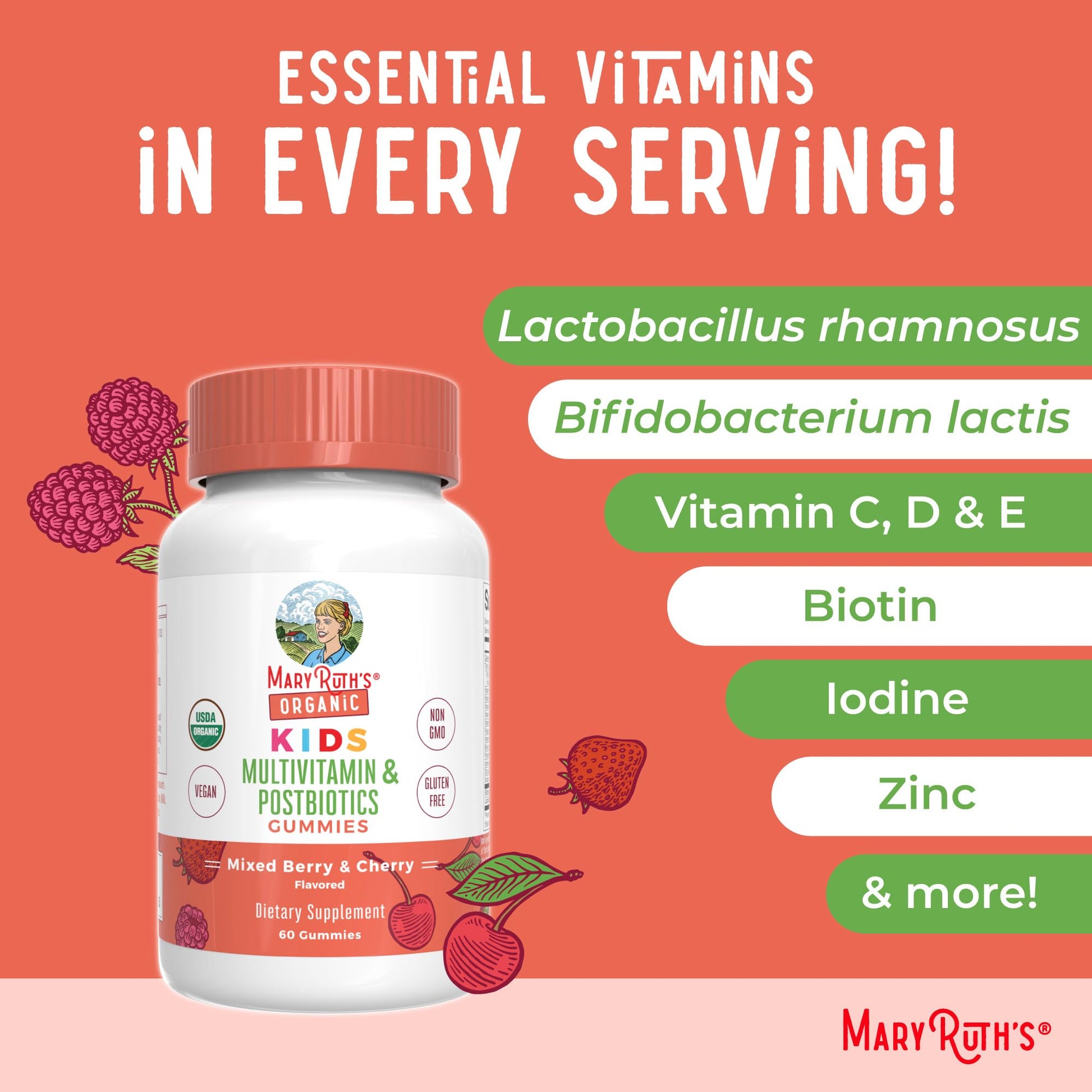 Kids Vitamins by MaryRuth's | USDA Organic | Multivitamin Gummies + Postbiotics for Ages 4+ | Multivitamin for Kids with Lactobacillus Rhamnosus | Children’s Vitamins | Vegan | Non-GMO | 60 Count MARYRUTH'SAu supplements