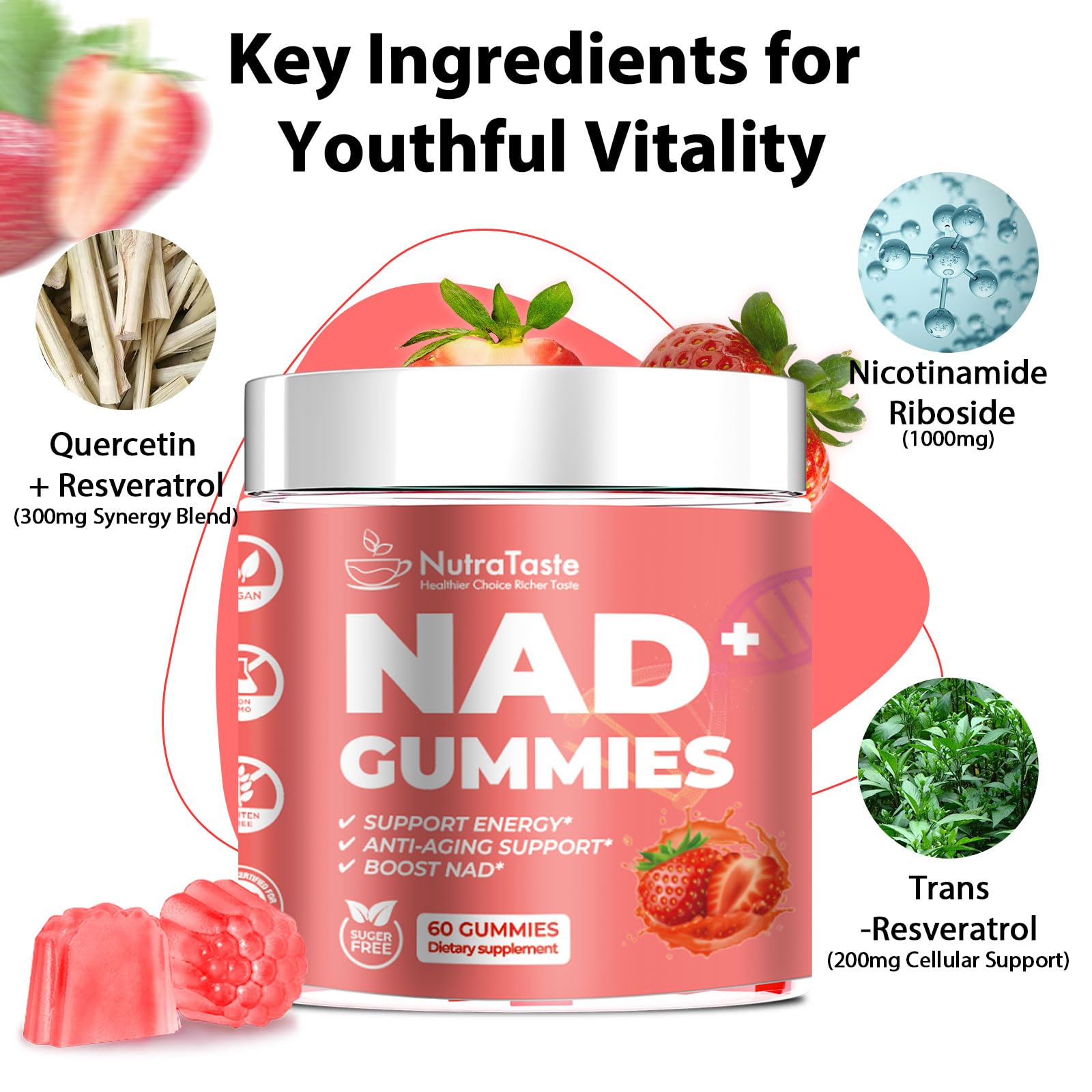 NUTRATASTE HEALTHIER CHOICE RICHER TASTE NAD⁺ Gummies Supplement for Anti-Aging, Energy & Focus Boost | Resveratrol, Nicotinamide Riboside | Strawberry Flavor, Vegan, Sugar-Free,60 Count (Pack of 1) NUTRATASTE HEALTHIER CHOICE RICHER TASTEAu supplements