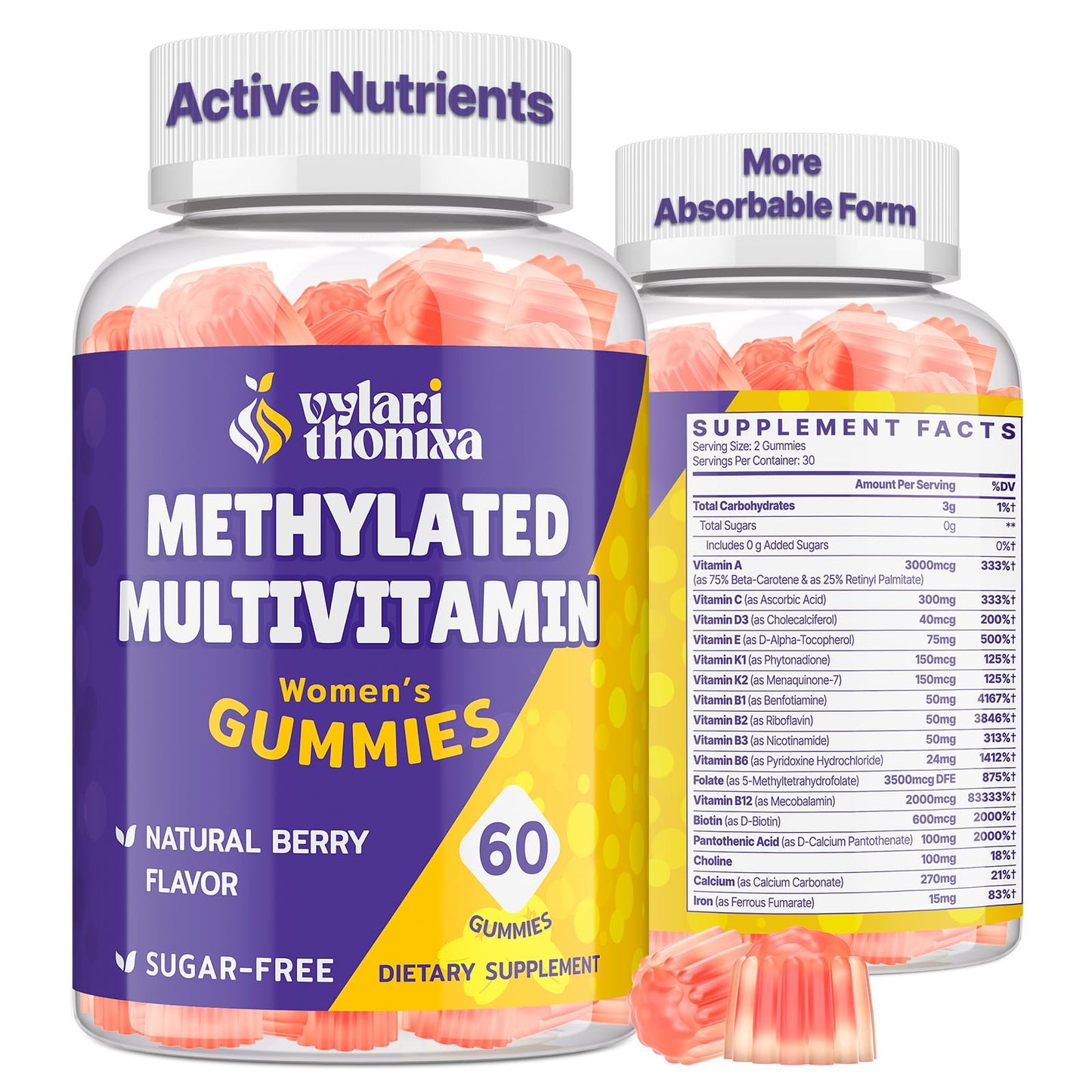 Vylarithonixa Methylated Multivitamin Gummies for Women – MTHFR Supplement Contains Methylfolate, Methylated B12, TMG & Vitamins A C E K – Energy, Immune & Skin Support VylarithonixaUS supplements